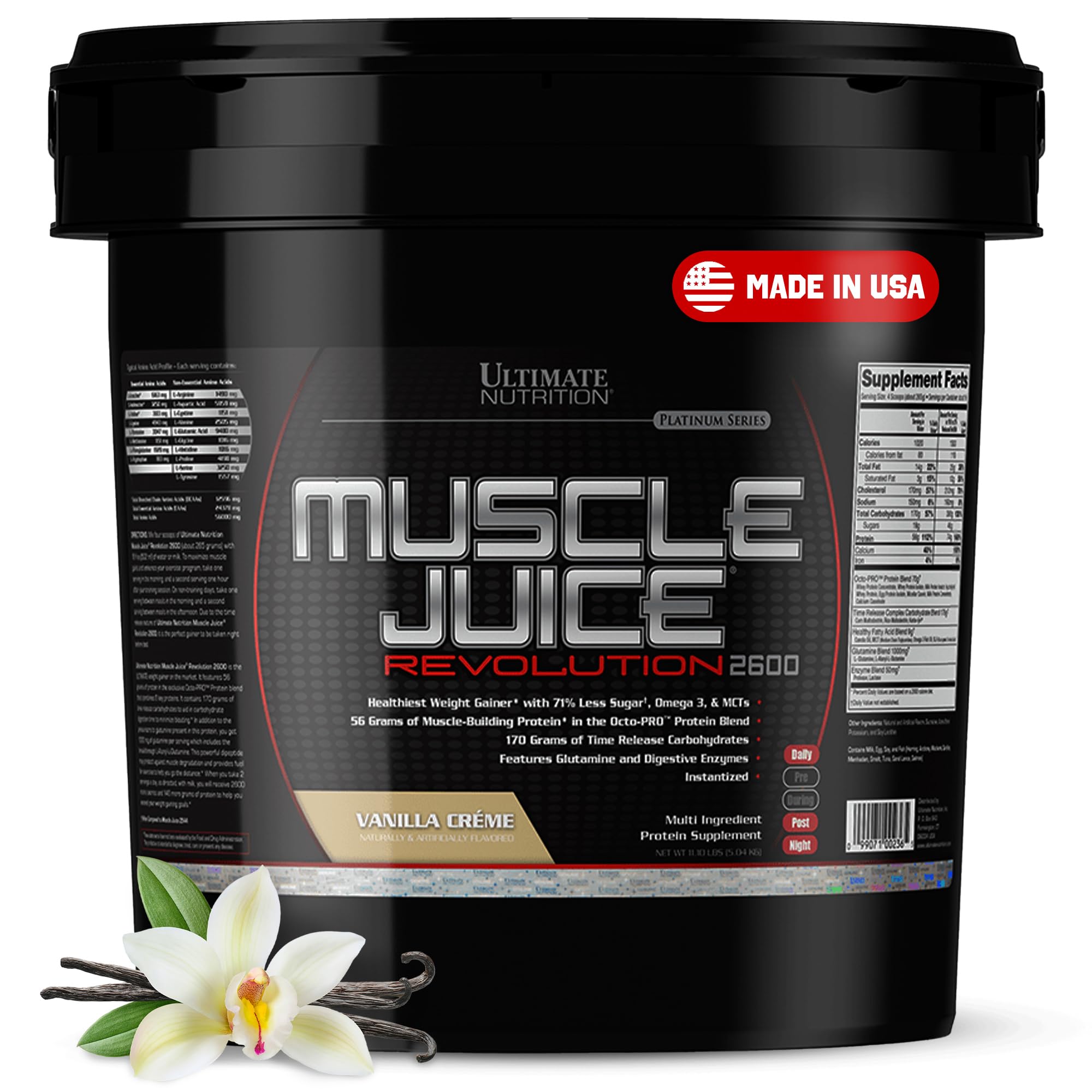 Ultimate Nutrition Muscle Juice 2600 Revolution, bebida para ganar peso - Suplemento en polvo para aumentar masa muscular y recuperar la masa muscular magra con 56 g de proteína - Vainilla, 5 kg