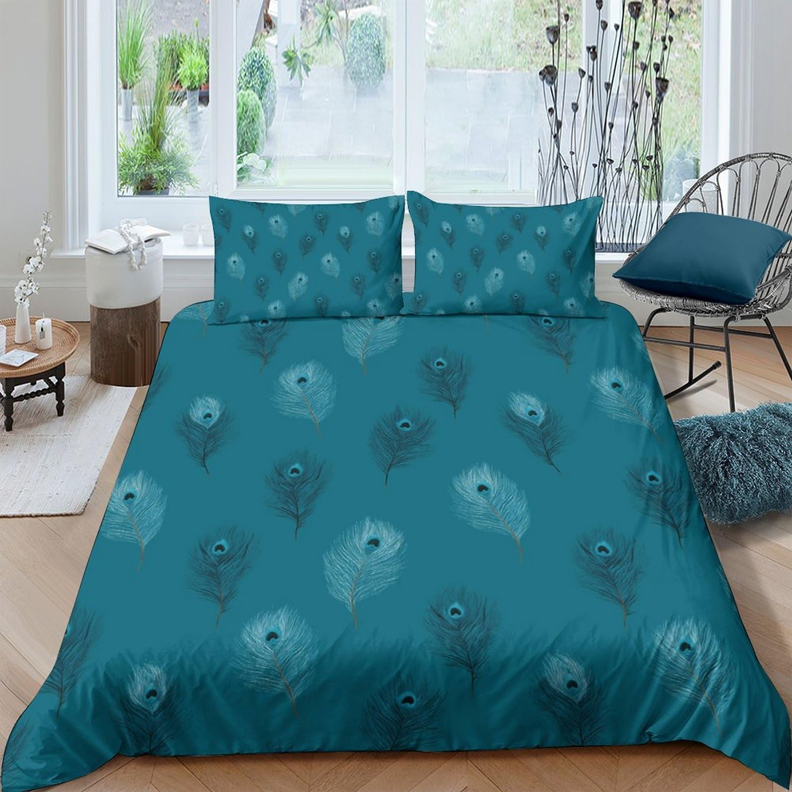Ctjqhvkz Style-6 3D Printed Peacock Feather Fitted Sheet Microfiber Anti-Slip Teal Blue Mattress Cover For Bedroom Dorm Decor Single（135X200cm）