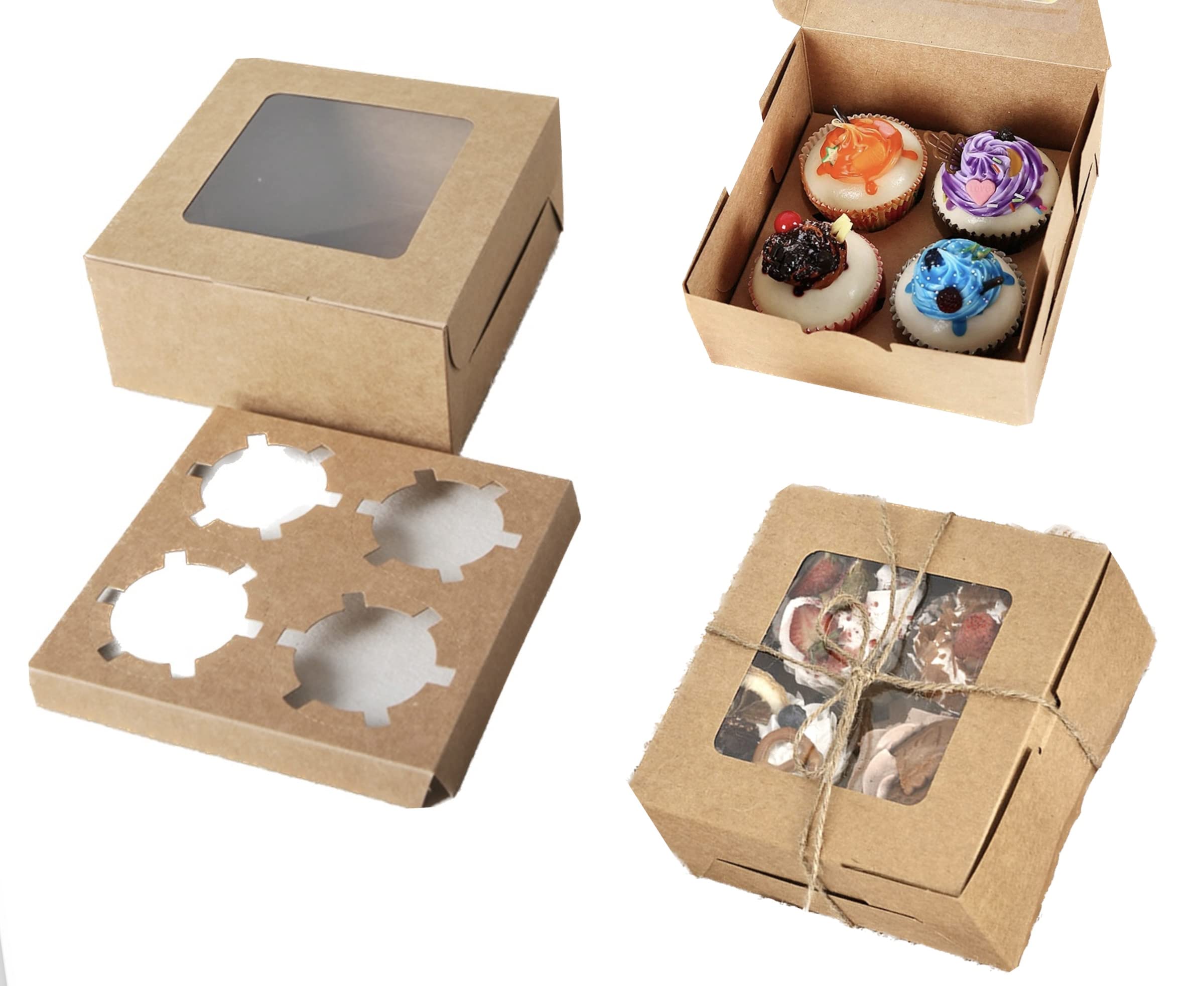 Gift Boxes 20Pack with Window and 20 Cavity Inserts in Brown Kraft Paperboard,Window Hold 4 Cupcakes Brown Food Grade Kraft Cupcake Holder Perfect for Gifts Donuts, Cookies, Muffins and Candles