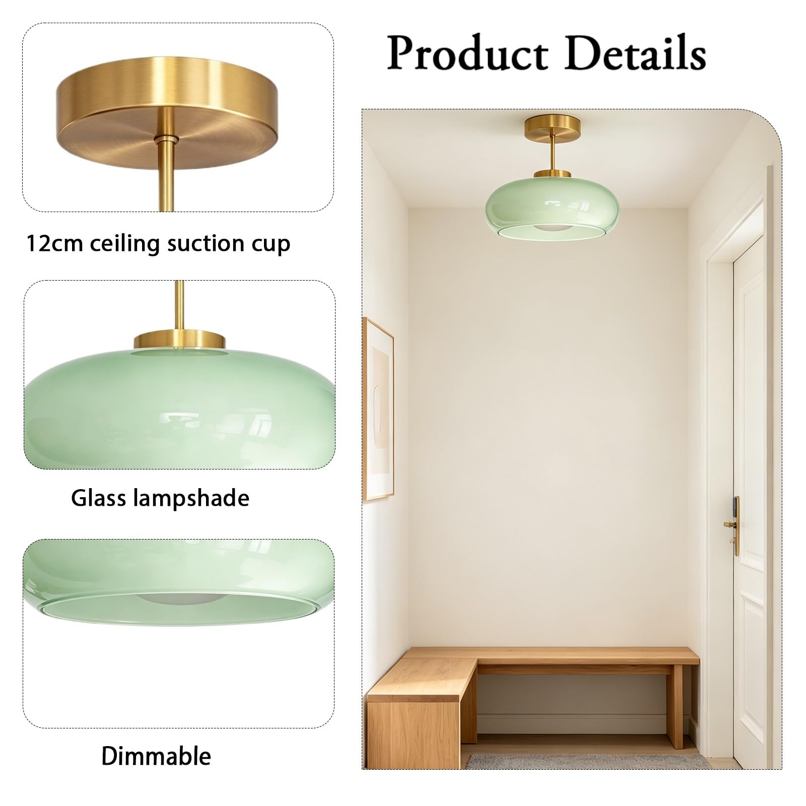 Ovale Hängelampe mit transparentem Glasschirm, Pendelleuchte, dimmbare Deckenleuchte mit Metallsockel, acht Farboptionen for die Küche im Eingangsbereich(Copper natural color+green)