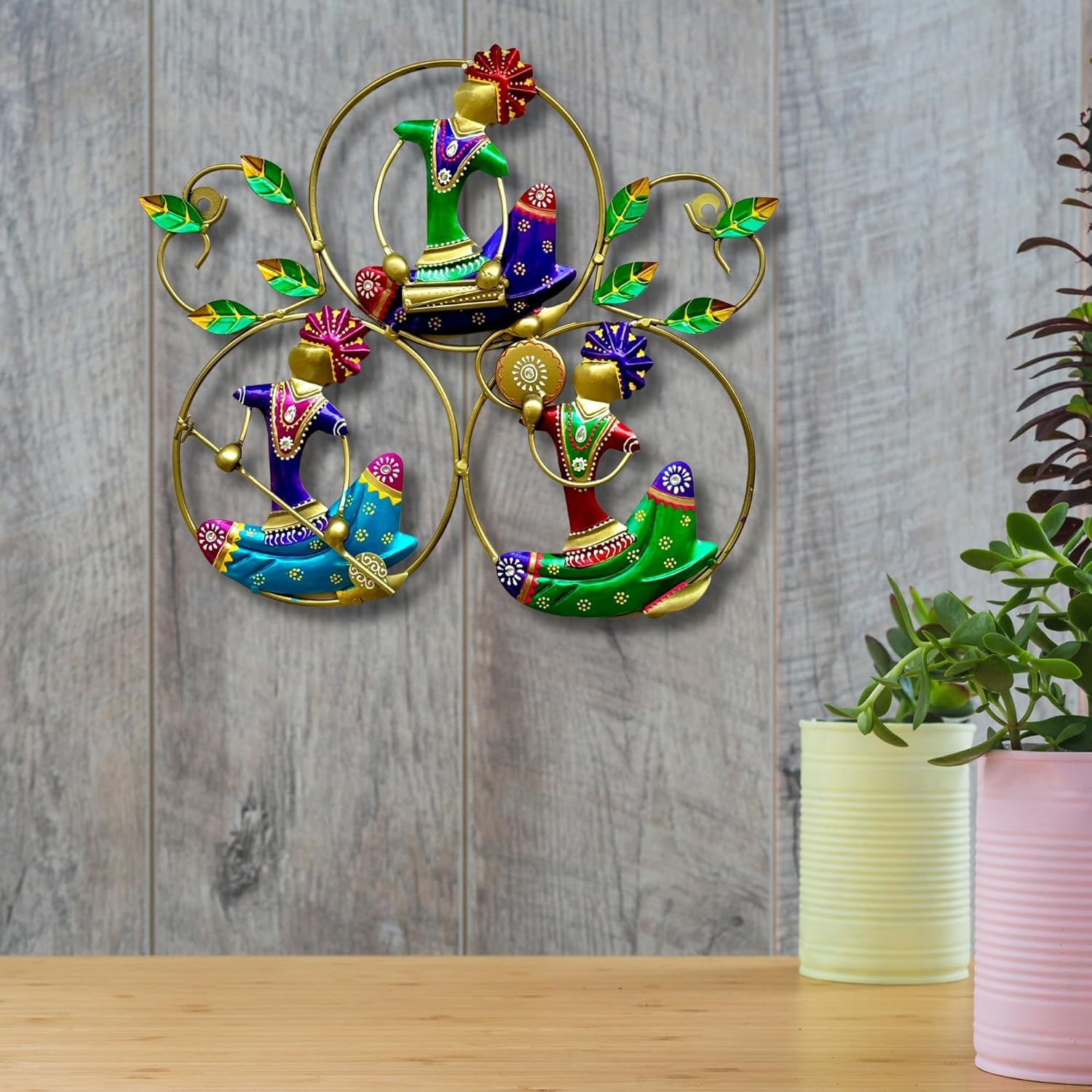 RSN Retro Style Decorative Metal Musician Doll Frame Wall Decor/Wall Hanging for Living Room, Size- 16x15 Inches (3 doll leaf) 1