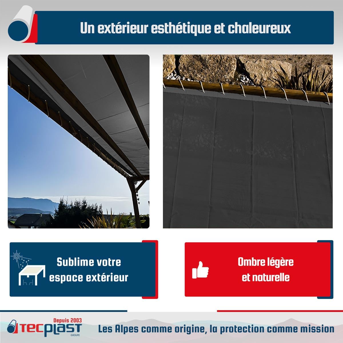 TECPLAST Toile Pergola Micro-Perforée 3x4 m Noire - Garantie 5 Ans - MP460PR - Perméable - Ombrage léger - Made in France