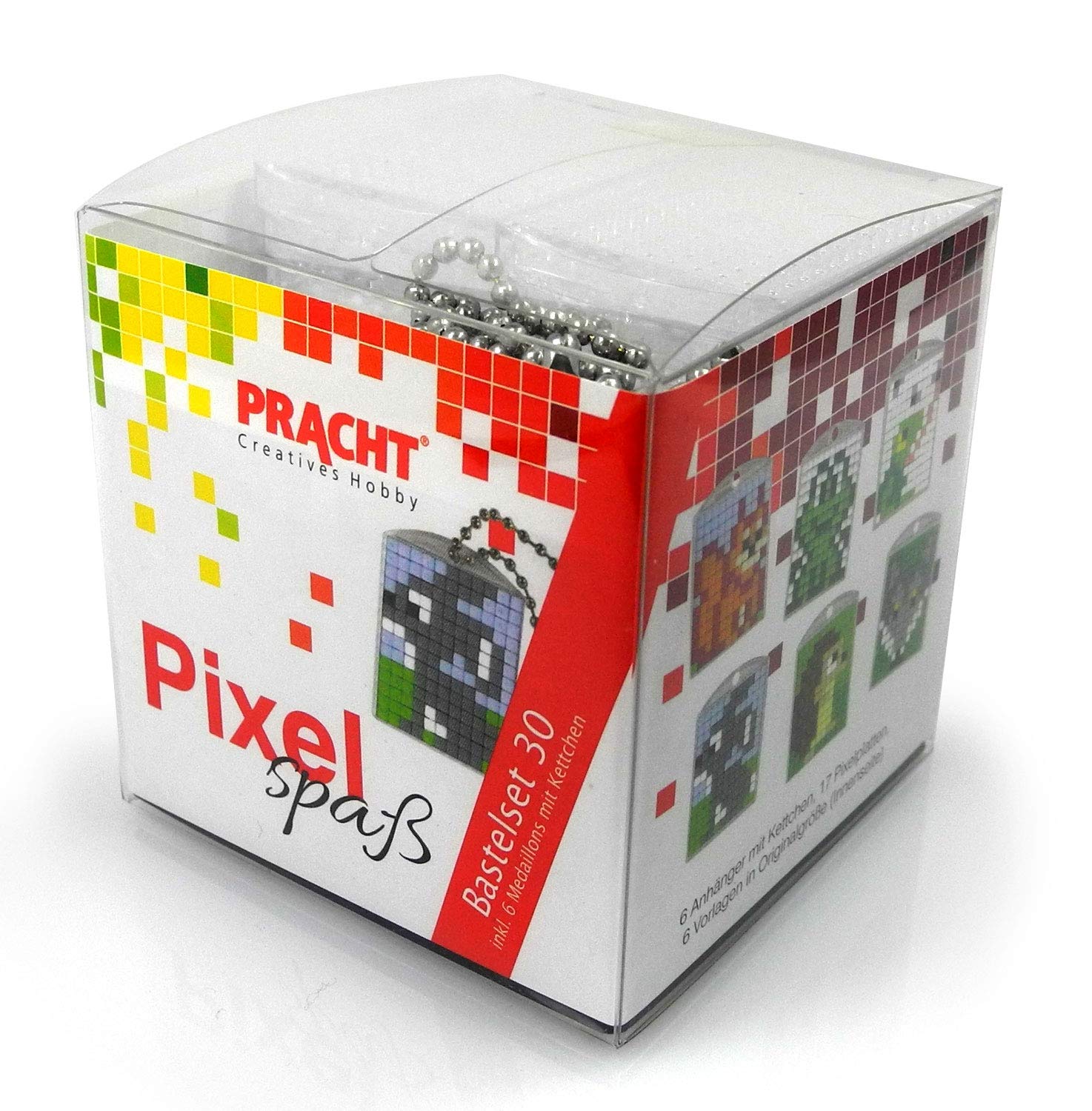 Pracht Creatives Hobby Pixel P90068-63501 Spaß Bastelset 30, zur Gestaltung von 6 Schlüsselanhängern für Kinder, kinderleichtes Stecksystem, ohne Bügeln und Kleben, Steinchen aus Biokunststoff