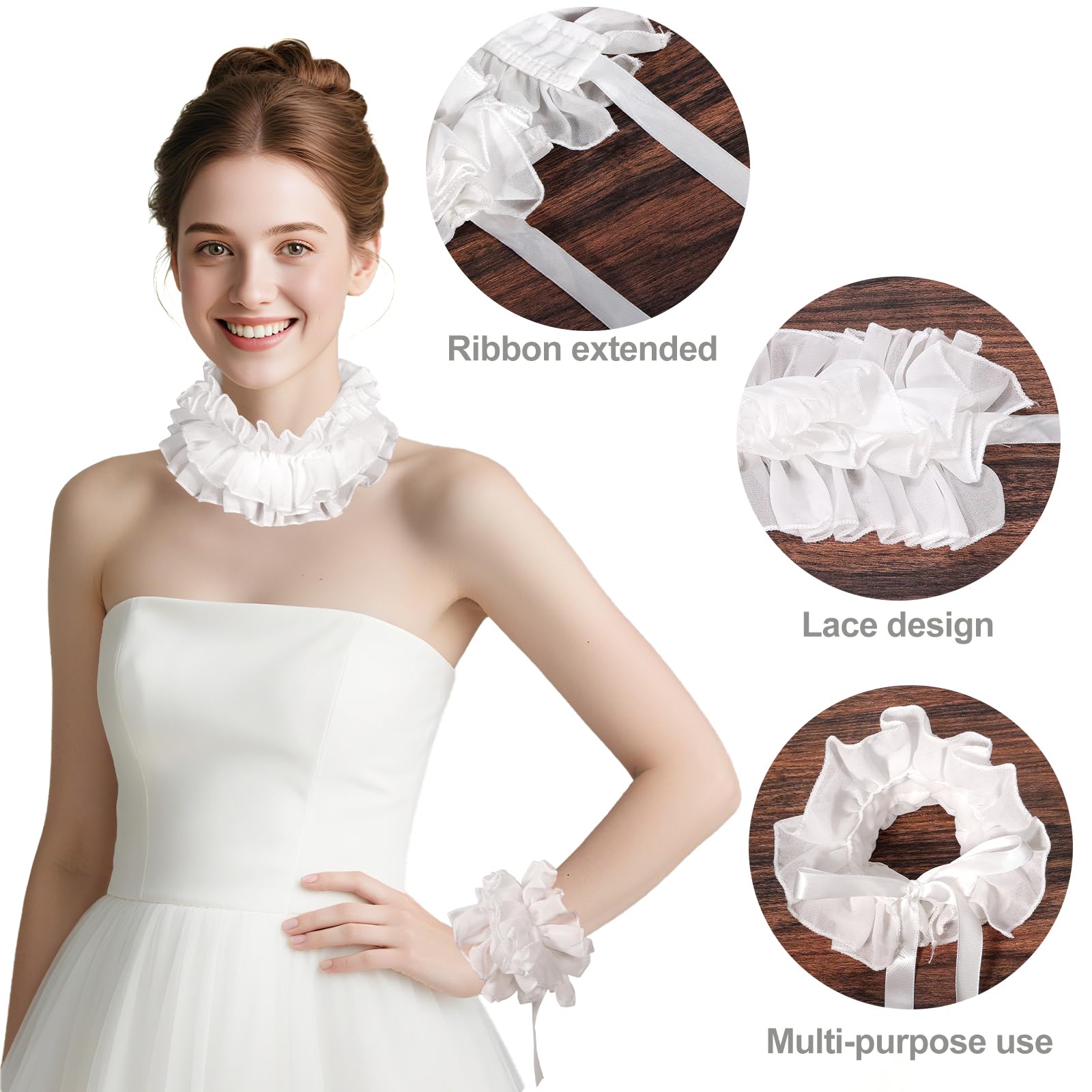 XEPST White Collar and Cuffs Set Vintage Lace Ruffled Collars Gloves Clown Lolita Costume Accessories Neck Ruffle Collar - Image 4