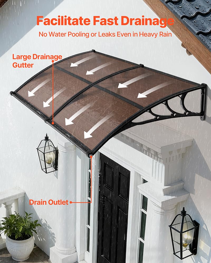 VEVOR Toldo para Puertas y Ventanas con Drenaje 198,7x96,5 cm, Tejadillo de Protección para Entrada con Soporte de ABS, Protección contra Lluvia, Sol, Toldo de Policarbonato para Porche, Marrón