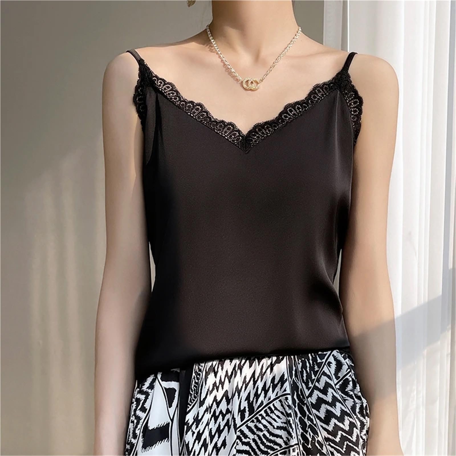 Camiseta Tirantes Mujer Camisola de Verano con Encaje, Prenda básica for Exteriores, sin Mangas, Sexy, Seda, Color Liso, Holgada