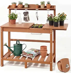 HDPE Outdoor Potting Bench with Sliding Tabletop & Removable Sink