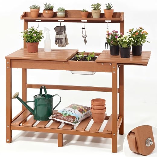 HDPE Outdoor Potting Bench with Sliding Tabletop & Removable Sink, Garden Workstation Table with Storage Shelf/Handle/ 4 Hooks/Wheels for Outside Patio Backyard (Brown)