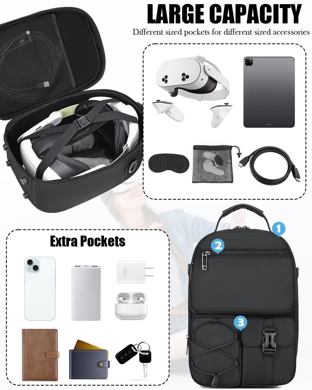 Borsa Compatibile con Meta Quest 3S/3/2, Impermeabile, Antigraffio Borsette a Tracolla per Vision Pro/Elite Strap VR Headset e Accessori, con Tasca in Rete per Viaggi, Giochi (nero)