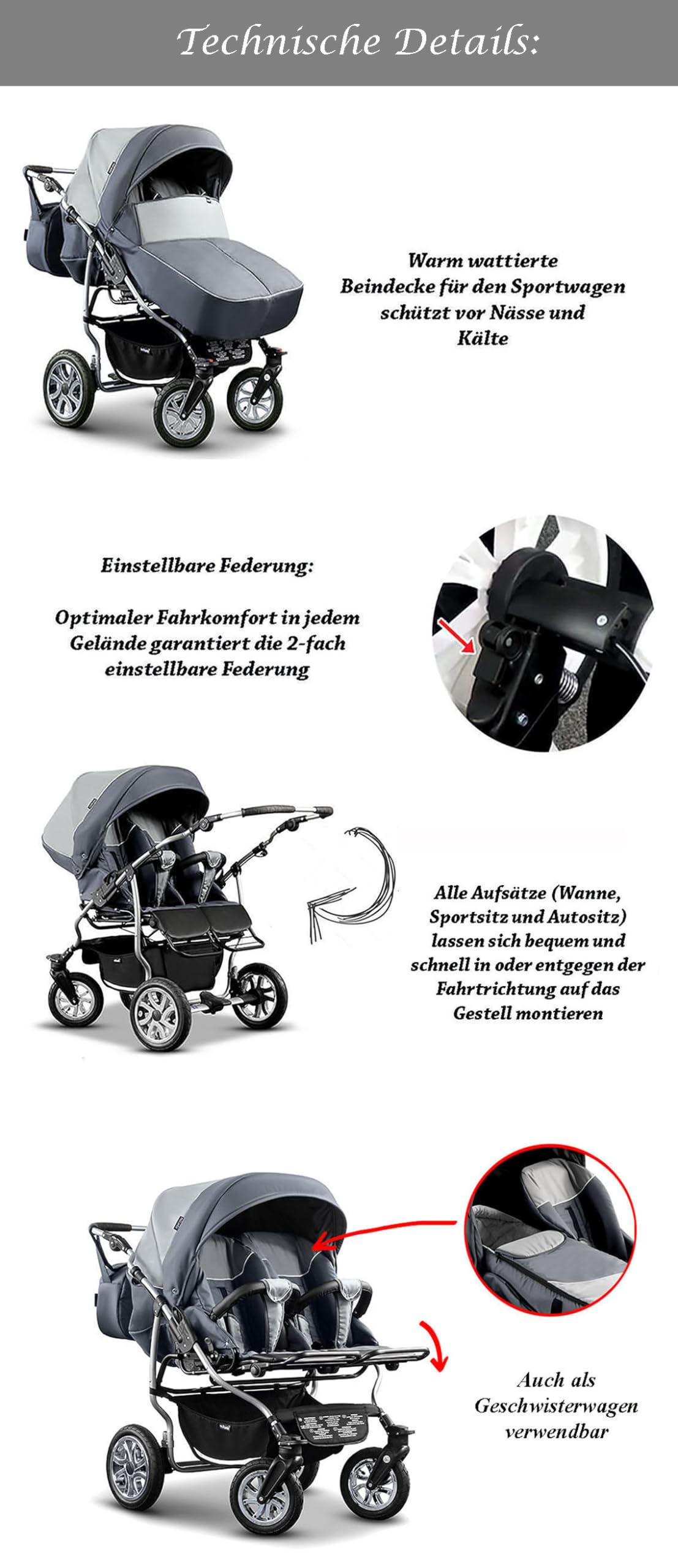 Zwillingskinderwagen 3 in 1 City Twin - 15 Teile - in Farbe Schwarz