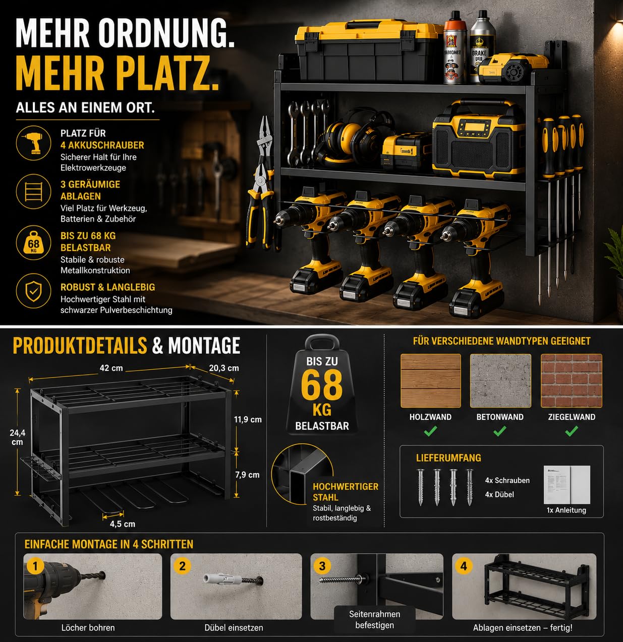 Generisch Organizer da parete, scaffale portautensili in metallo a 3 livelli per avvitatori a batteria, cacciaviti e accessori da officina, sistema di stoccaggio per garage, nero