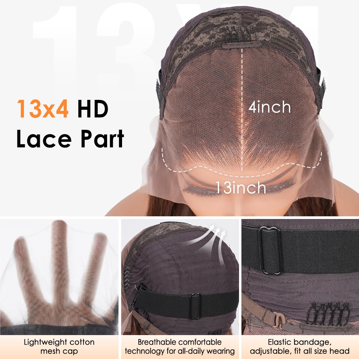 Hermosa Pelucas de cabello humano con encaje frontal marrón de 13 x 4 pulgadas, con abuelitos, densidad 180, pelucas de cabello humano lacio HD con encaje frontal, línea capilar prearrancada, peluca