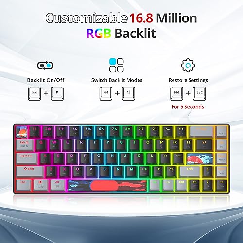 Miniatura 4 de Teclado mecánico 65% de 68 teclas con cable para juegos con interruptor rojo, efecto de iluminación RGB, teclas PBT, mini teclado ultracompacto