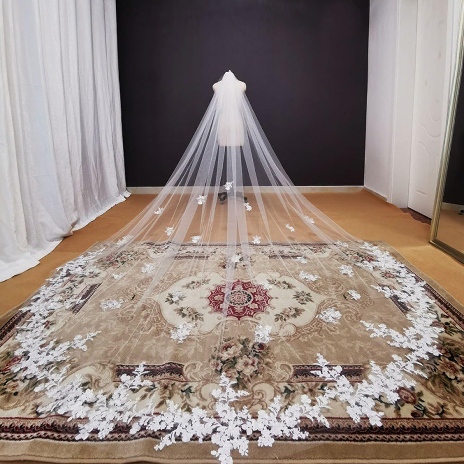Schleier Braut Brautschleier Kathedralschleier Mit Spitzenapplikationen, Weicher Tüllschleier, Hochzeitsaccessoires Für Die Braut, Langer Tüllschleier Zur Hochzeit