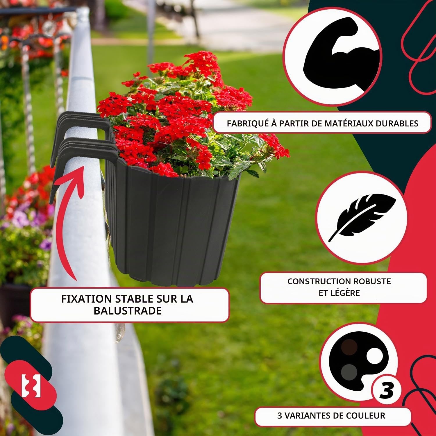 KOTARBAU® Lot de 6 Jardinière Extérieur - Pot de Fleur - PVC - 40 x 15 x 15 cm - Gris - Jardinière Balcon - Rectangulaire - Légère - avec Support pour Balconnière - Décorative