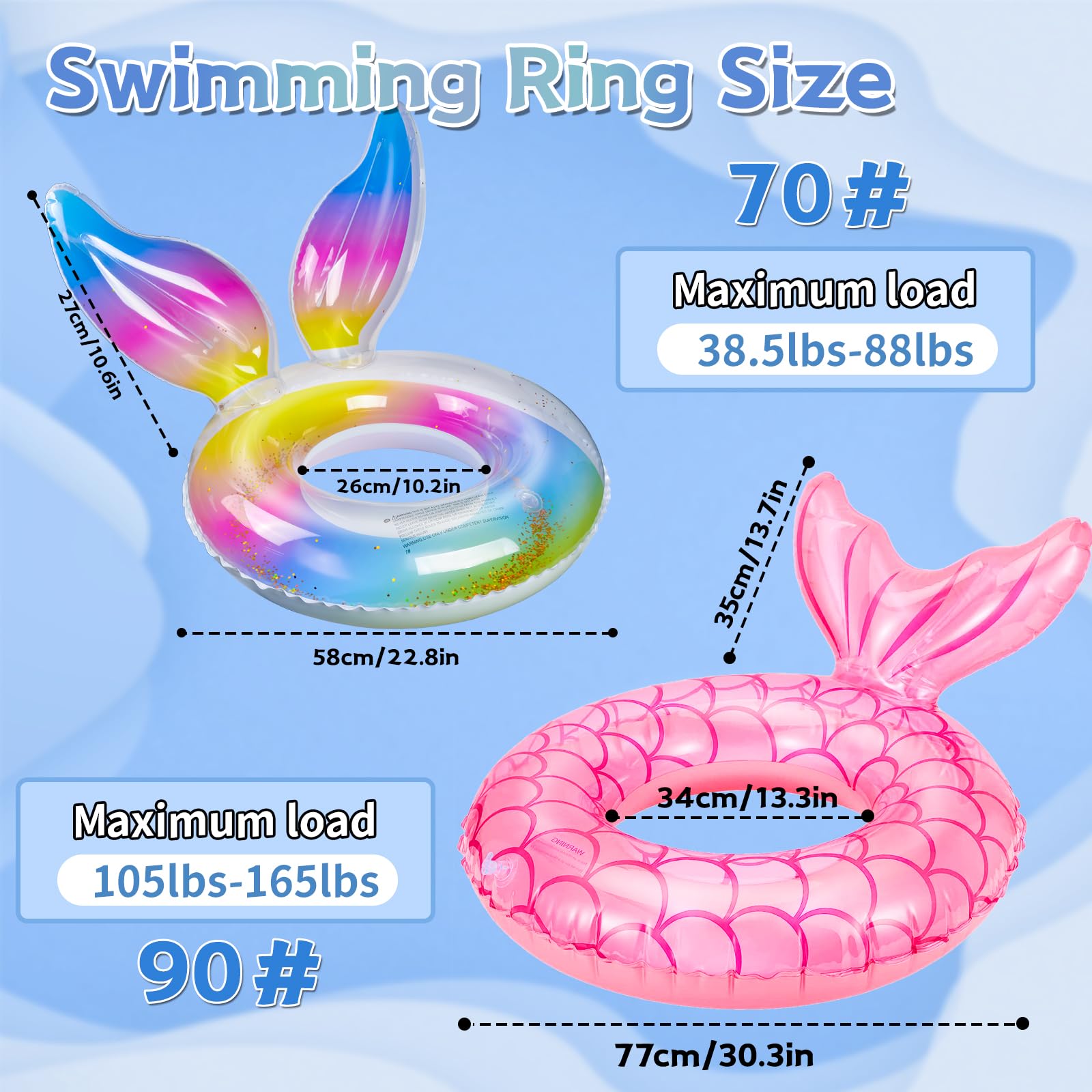 Pool Inflatables for Kids, Rubber Ring for Adult, 2pcs Swimming Ring Inflatable Pool Toys, Pool Float Swimming Pool Inflatables for Adults & Kids, Mermaid Water Toys for Summer Beach Pool Party - Image 2