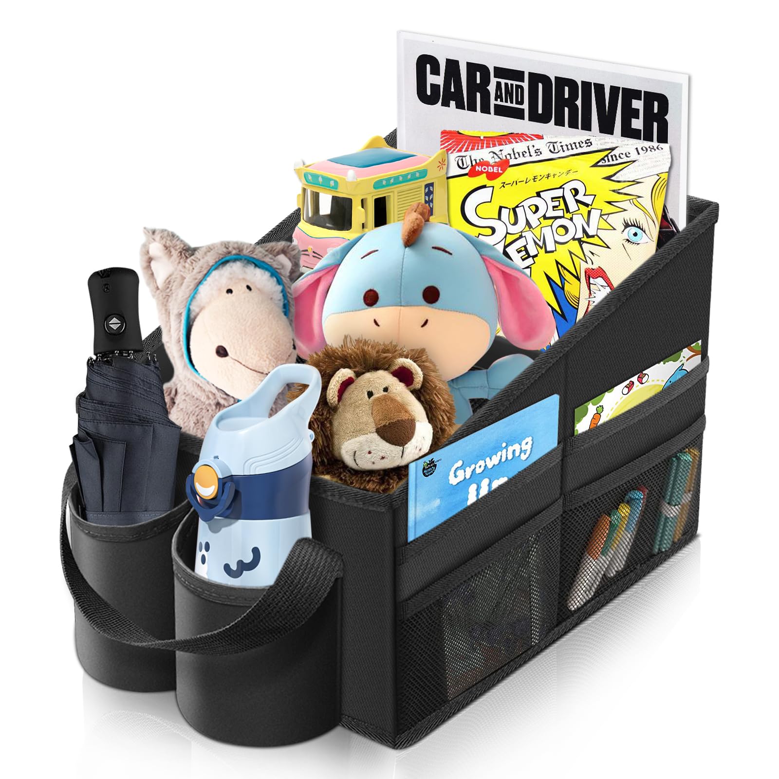 Car Seat Organizer- Car Organizer Console Front/Back,Car Organizers and Storage,Collapsible Passenger Seat Organizer with 2 Cup Holders & 9 Storages Compartments, Road Trip Essentials for Kids