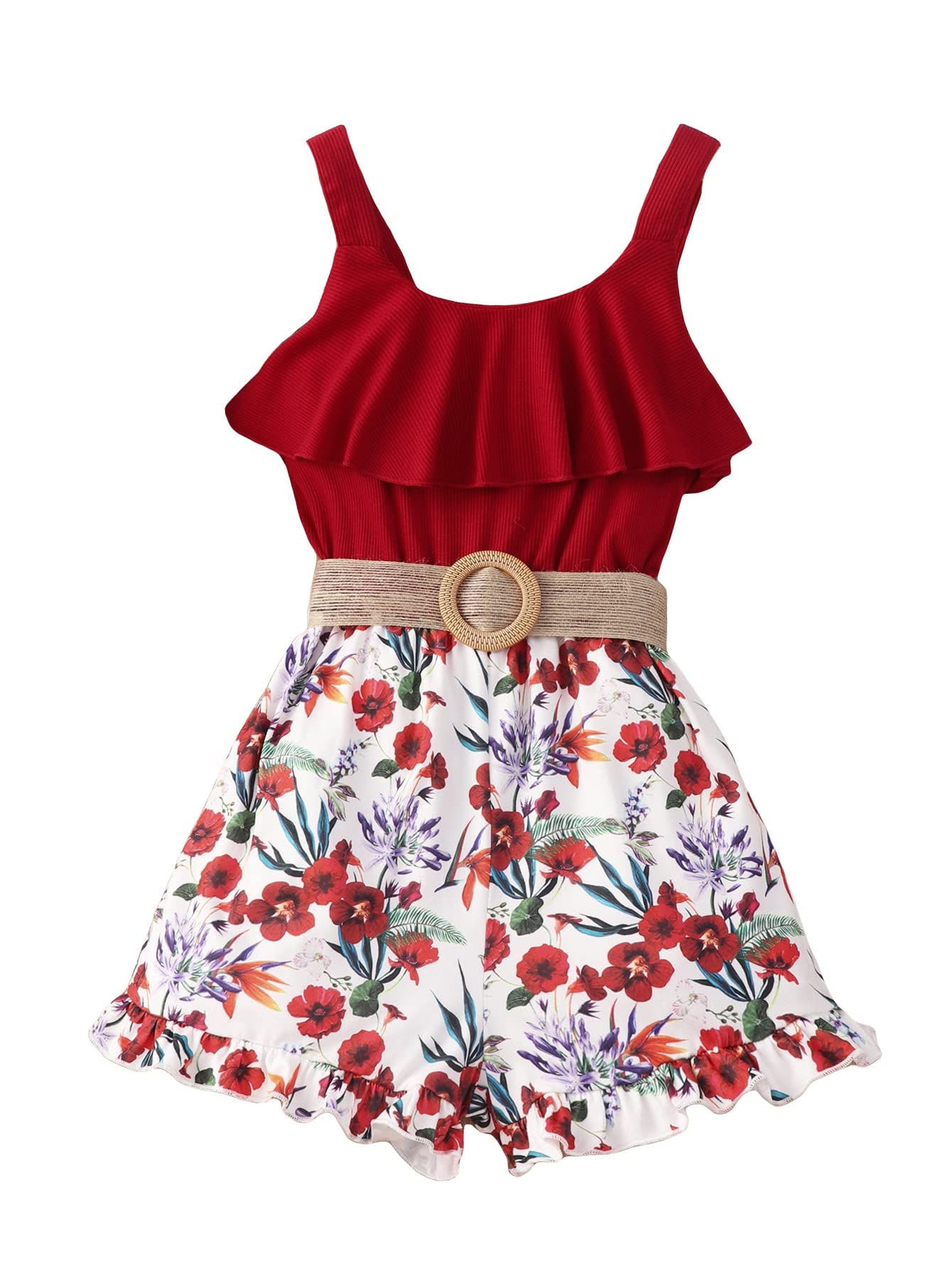 Photo 1 of 11/12Y--SOLY HUX Girl's Ruffle Trim Floral Print Tank Romper Sleeveless Belted Summer Short Jumpsuit 12 Years Red and White