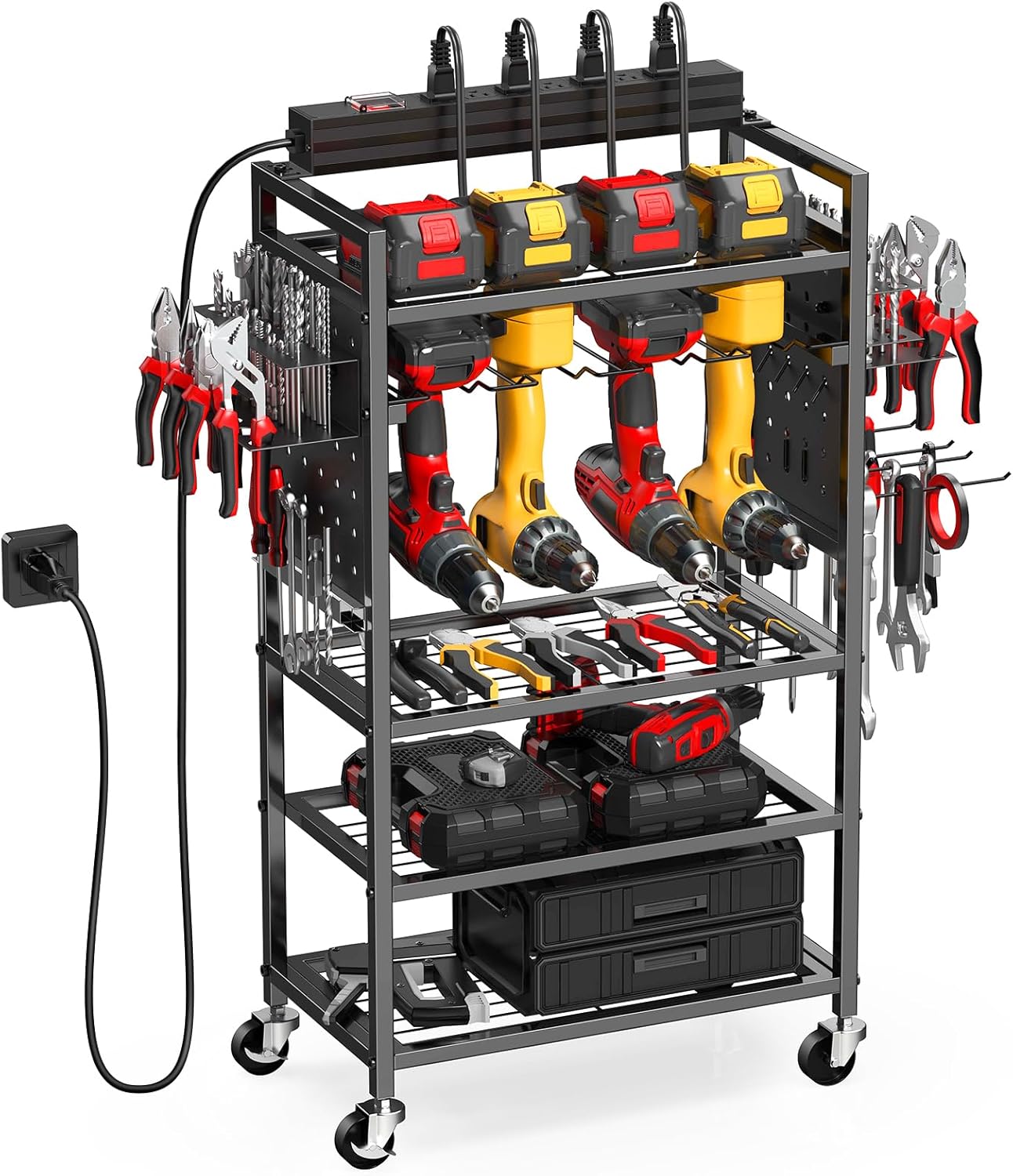 Power Tool Organizer Cart, Sturdy Garage Tool Organizer Cart with Charging Station, 5-Tier Power Tool Charging Station for Tool Organizers and Storage, Drill Holder on Wheels