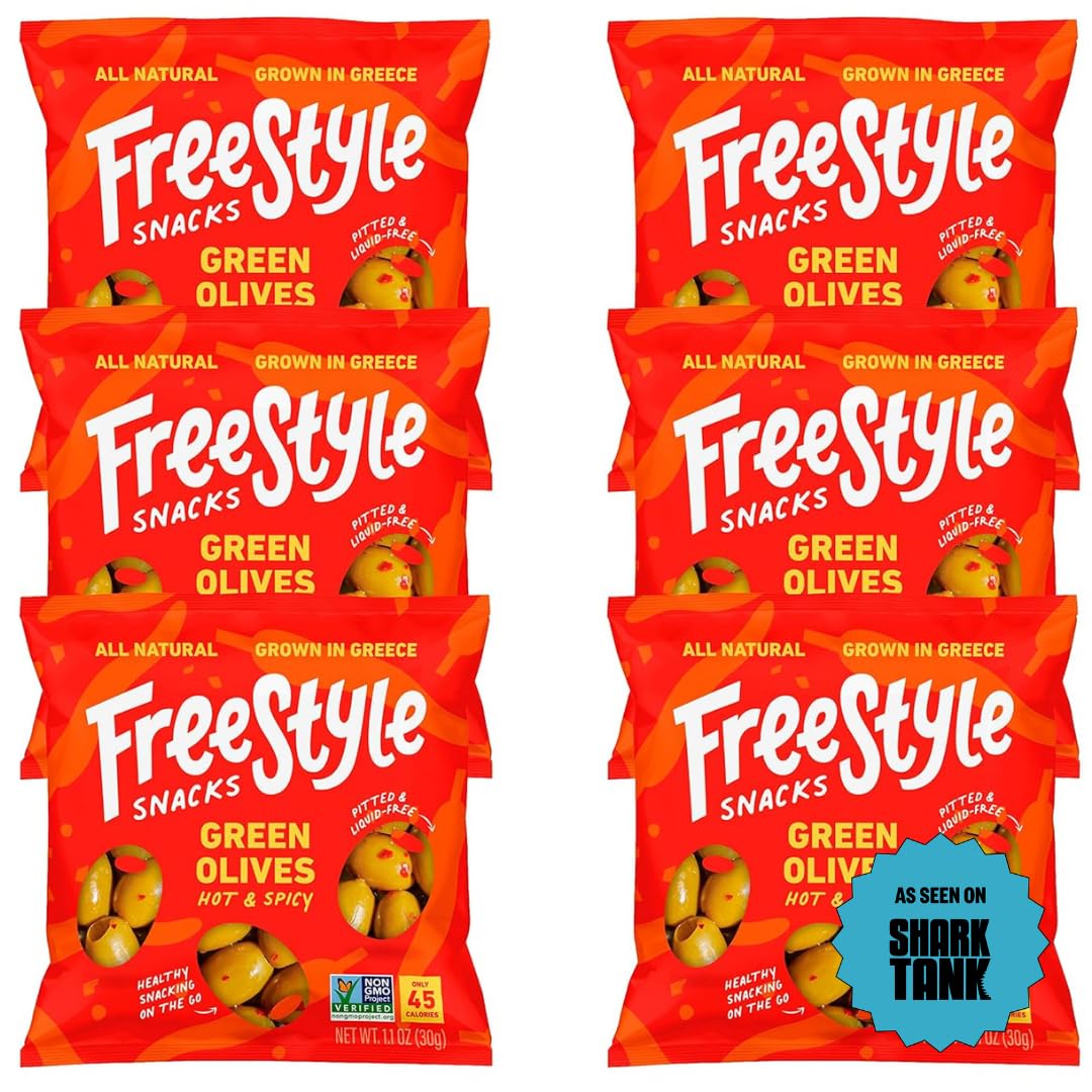 Freestyle Snacks Olive Snack Packs - As Seen on Shark Tank - Single Serve - Fresh Pitted Green Olives, Grown in Greece, All Natural, Non-GMO, Sugar-Free, Salty Snack - Hot & Spicy, 1.1oz (6 Pack)