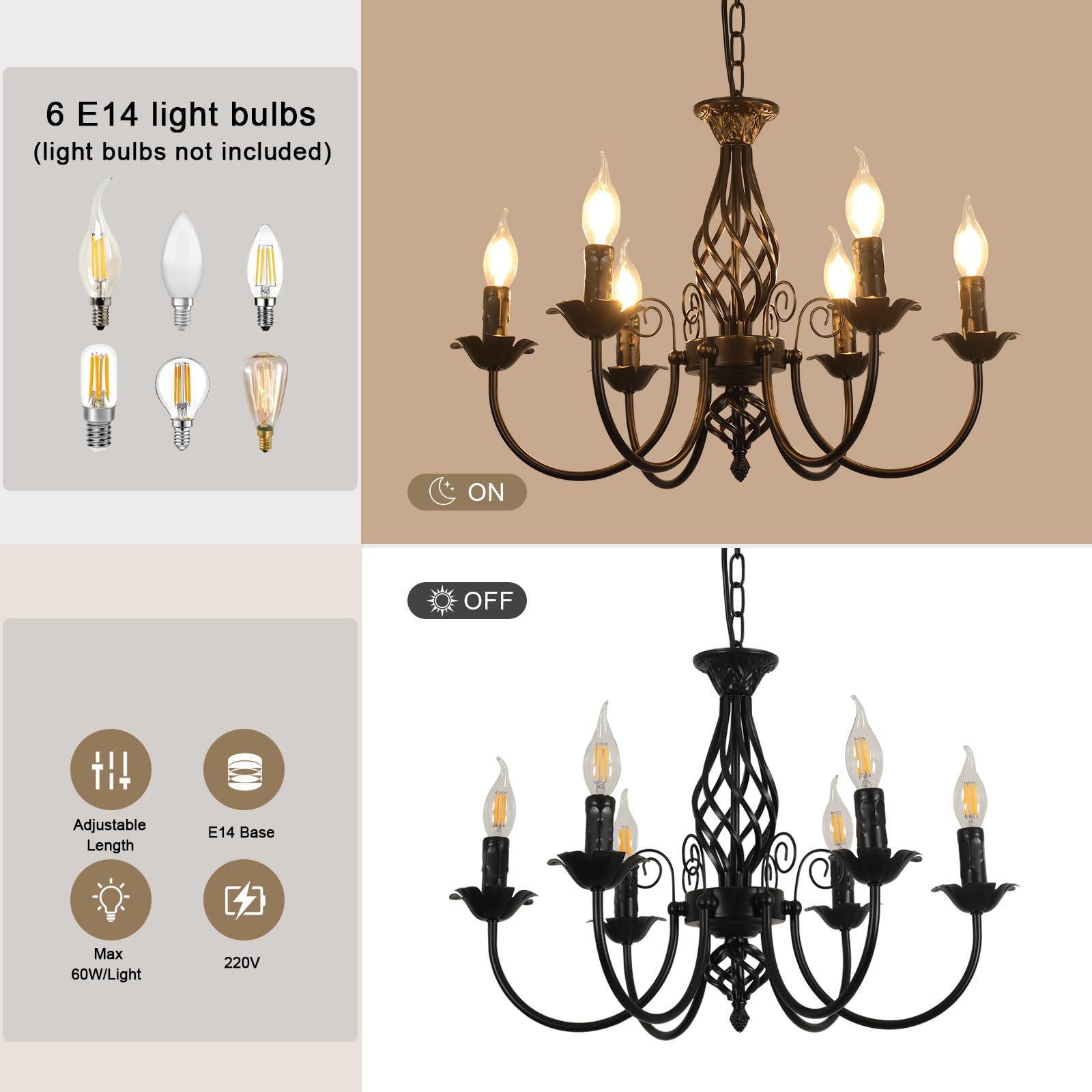 Comely Deckenleuchte Schwarz, Industrielle Kronleuchter, 6 Lichter E14 Industrielle Pendelleuchten, Pendellampe Vintage für Wohnzimmer, Schlafzimmer, Diele Küche, Esszimmer | Pendelleuchten Vintage für Wohnzimmer, Schlafzimmer, Küche, Esszimmer