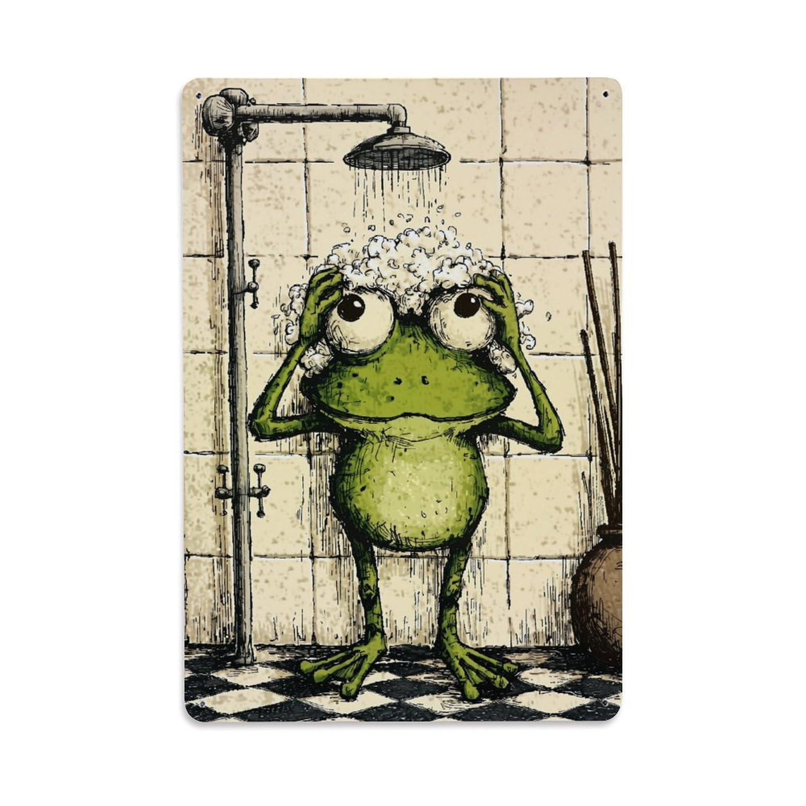 Frog Showering With Soap Bubbles Retro Metal Tin Sign, Vintage Decor Art Poster for Bar, Home, Man Cave, Kitchen, Laundry Room Gift 8x12Inch