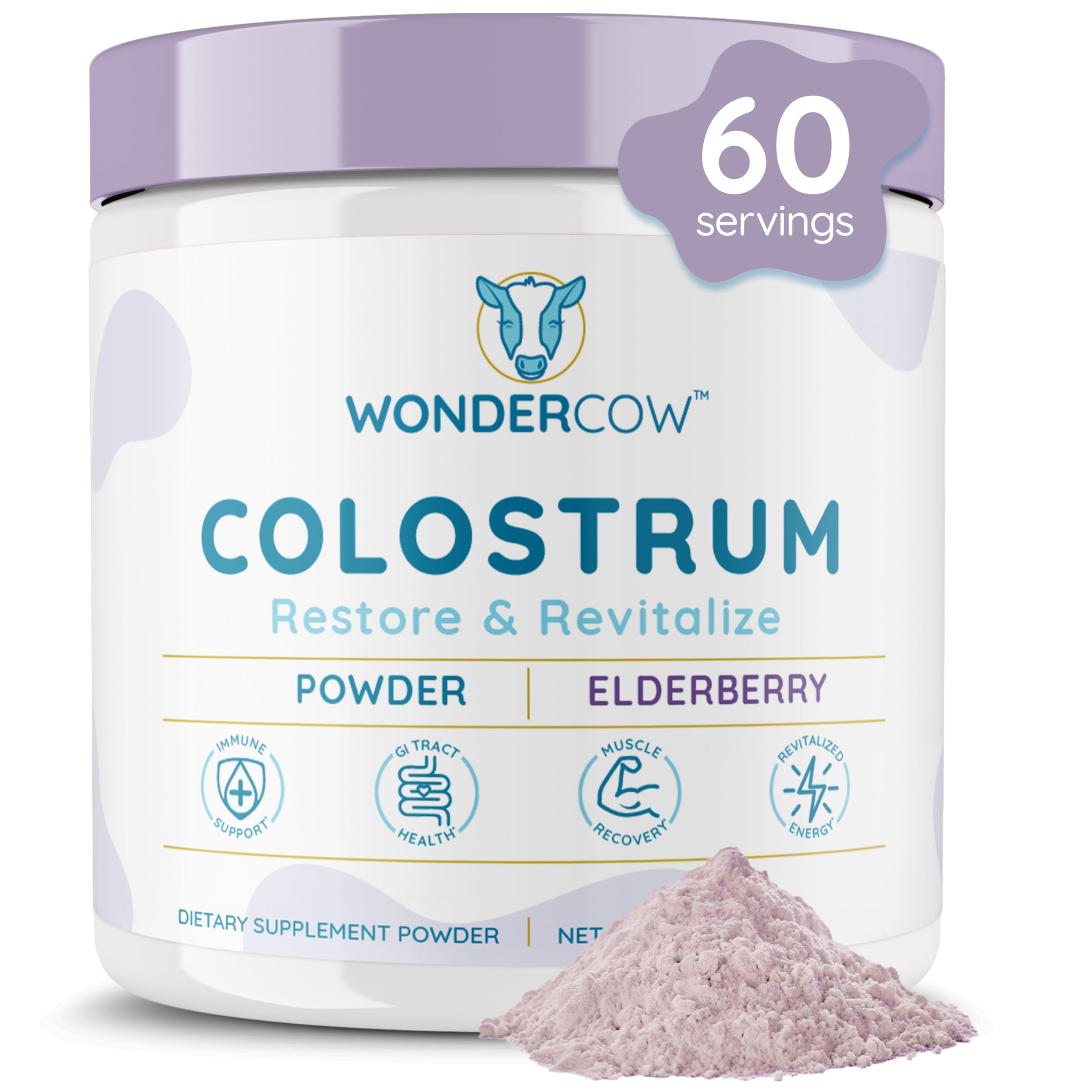 Colostrum Supplement Powder for Gut Health, Immune Support, Muscle Recovery & Wellness | Natural IgG Pure Whole Bovine Colostrum Superfood, Elderberry, 60 Servings