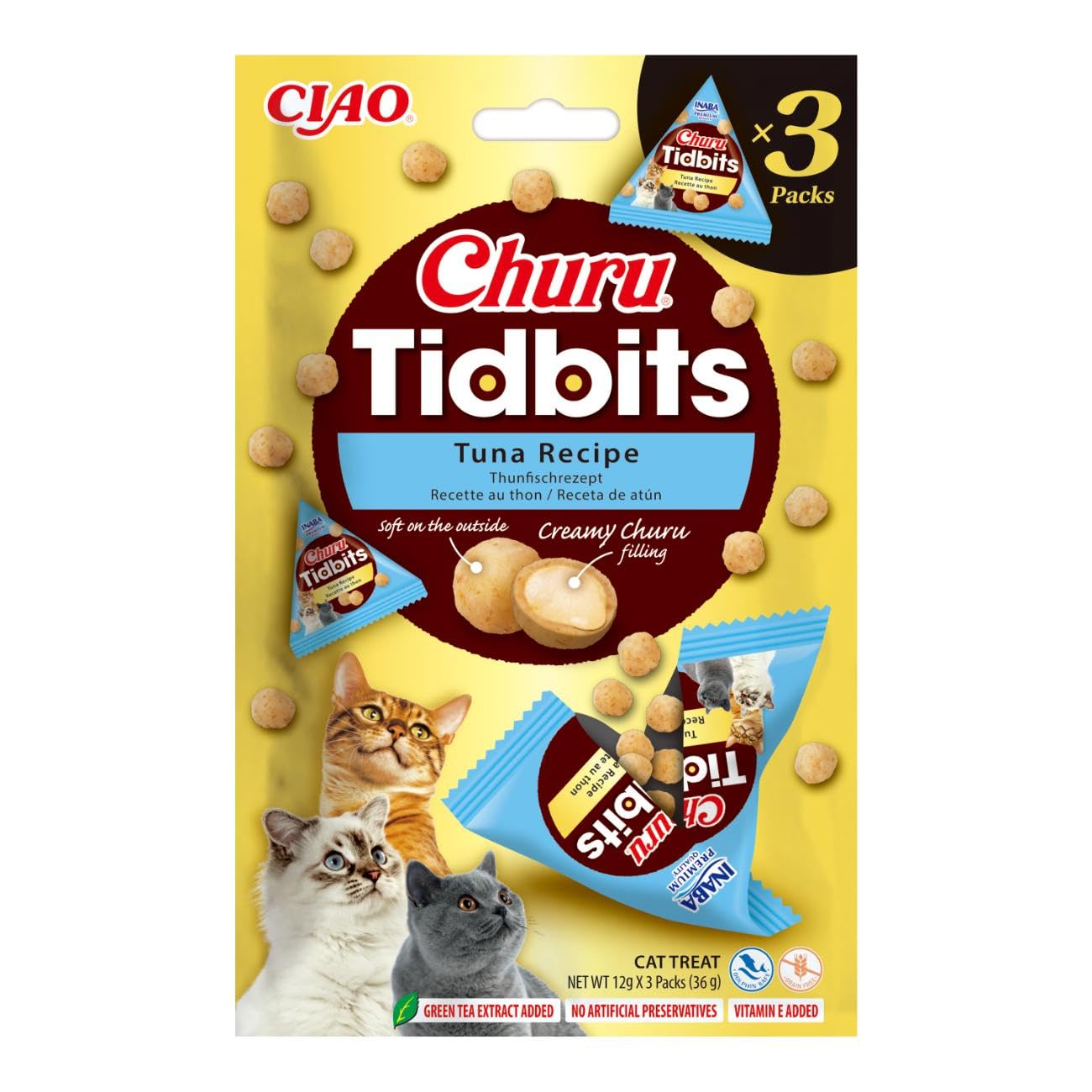 Churu Tidbits by INABA: Tuna Recipe (3 x 12g) / Soft & Chewy Churu Filled, Baked Cat Treats with Taurine & Green Tea Extract, Delicious & Healthy Snack, Training Treat, Natural, Grain Free
