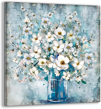 Bathroom Decor Canvas Wall Art Framed Wall Decoration Modern Gallery Wall Decor Print White Flower in Blue Bottle Theme Picture Artwork for Walls ...