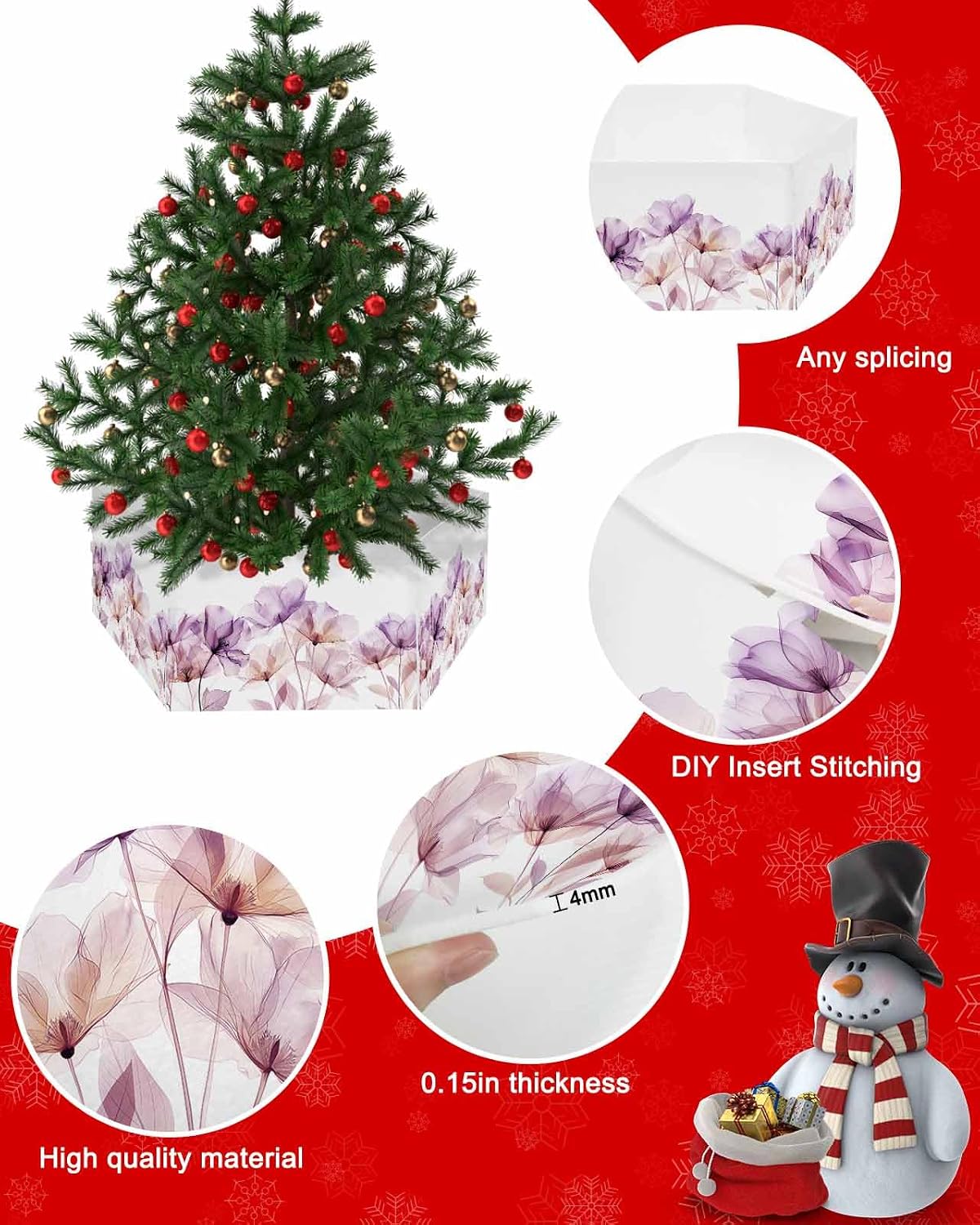 Christmas Tree Collars Holds 21.5" Diam Tree, Pink Watercolor Flower Texture Printing Stand Base Christmas Tree Skirt Cover, 4-Piece Artificial Xmas Trees Ring Box for Holiday Party Decoration