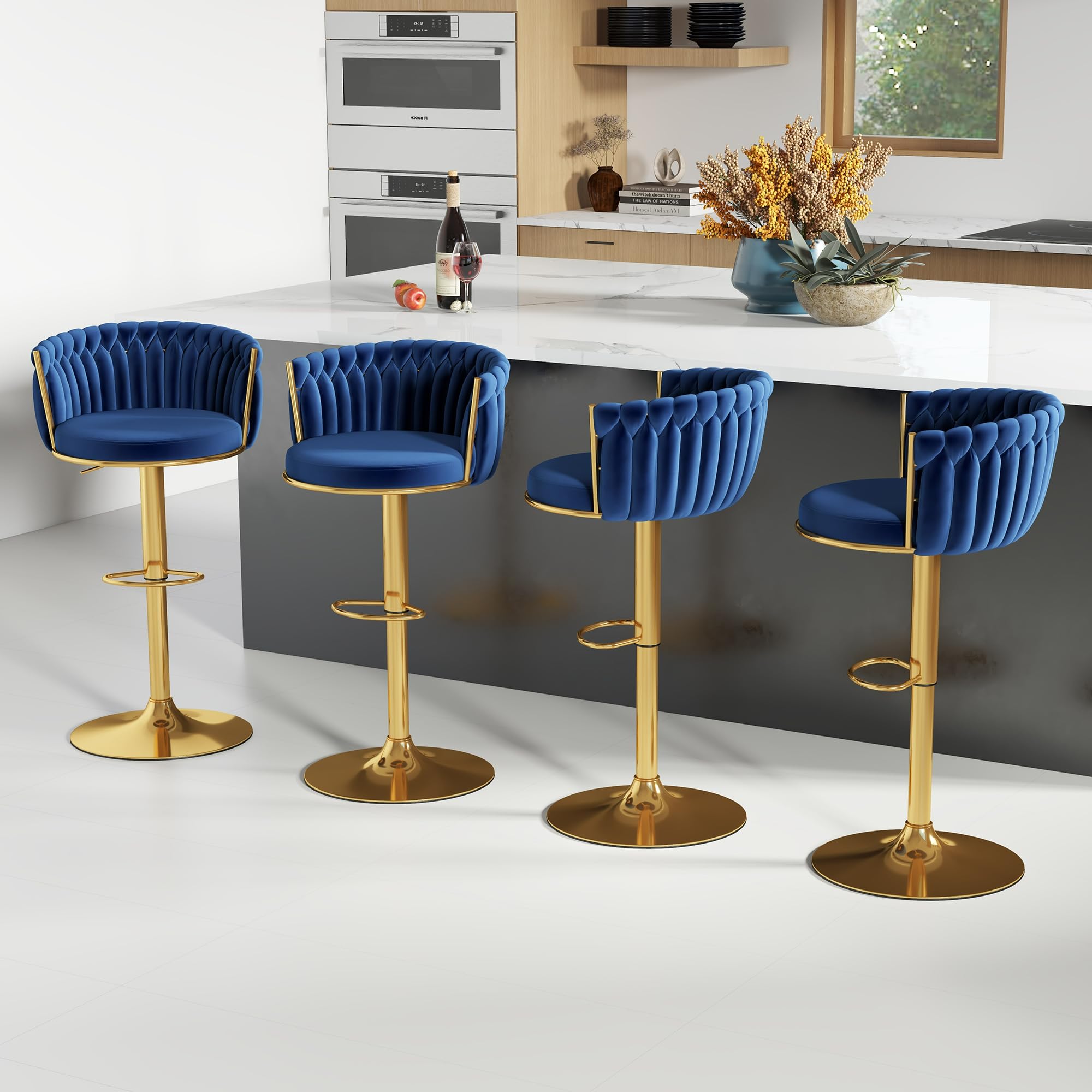 ABET Gold Bar Stools Set of 4, Velvet Woven Barstools, Swivel & Height Adjustable Counter Stools with Upholstered Backrest, Modern Luxury Kitchen