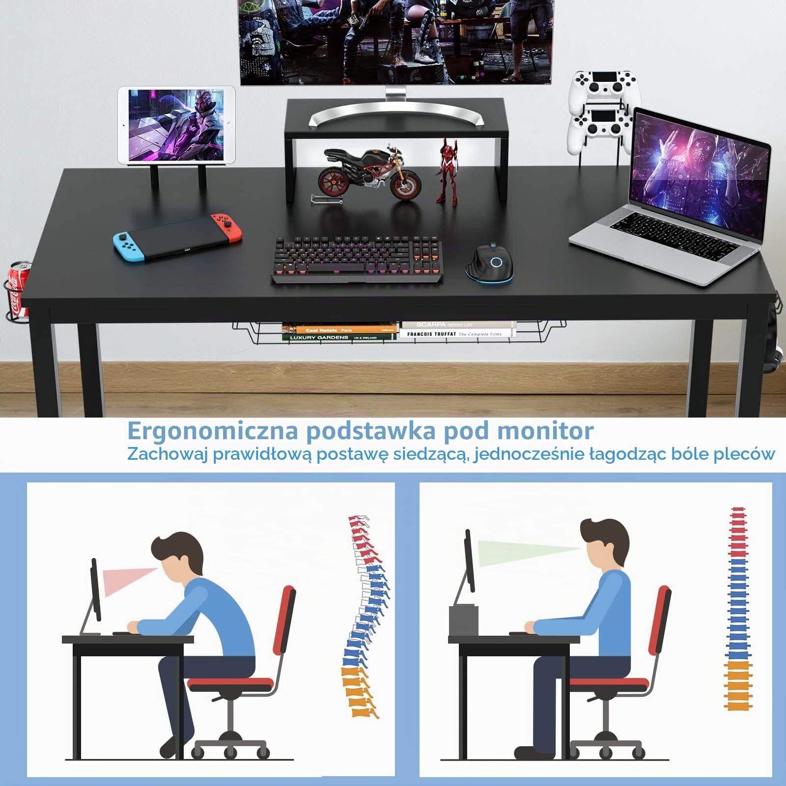 LIFEZEAL Ergonomiczny stół komputerowy, stół PC z uchwytem na kubek, zaczepem na słuchawki, biurko z dużą powierzchnią 140 x 60 cm, stół gamingowy do biura, sypialni, gabinetu, kolor czarny