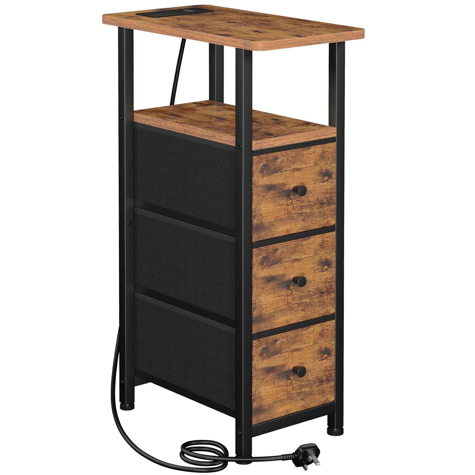 LOAKEKEL Slim Bedside Table with Charging Station, Narrow Side Table with 3 Fabric Drawers, Small Sofa Table with Open Storage Shelf, Nightstand for Small Spaces, Living Room, Brown UHETNDP03BR-1