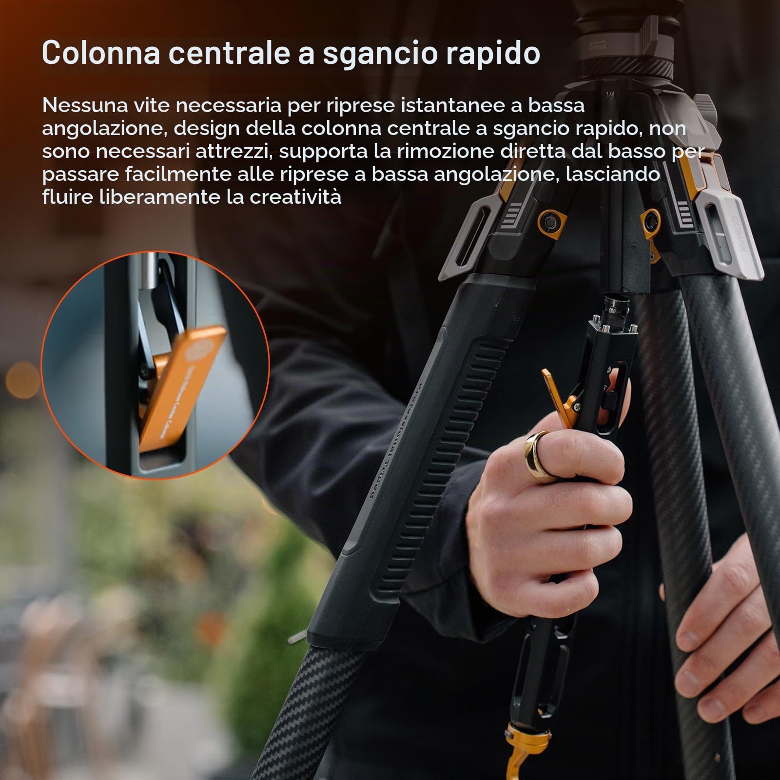 COMAN Treppiede in fibra di carbonio completamente aperto One-Click, treppiede video professionale, testa a sfera per livellamento rapido, altezza massima 165cm, capacità di carico massima 20kg (T1S)