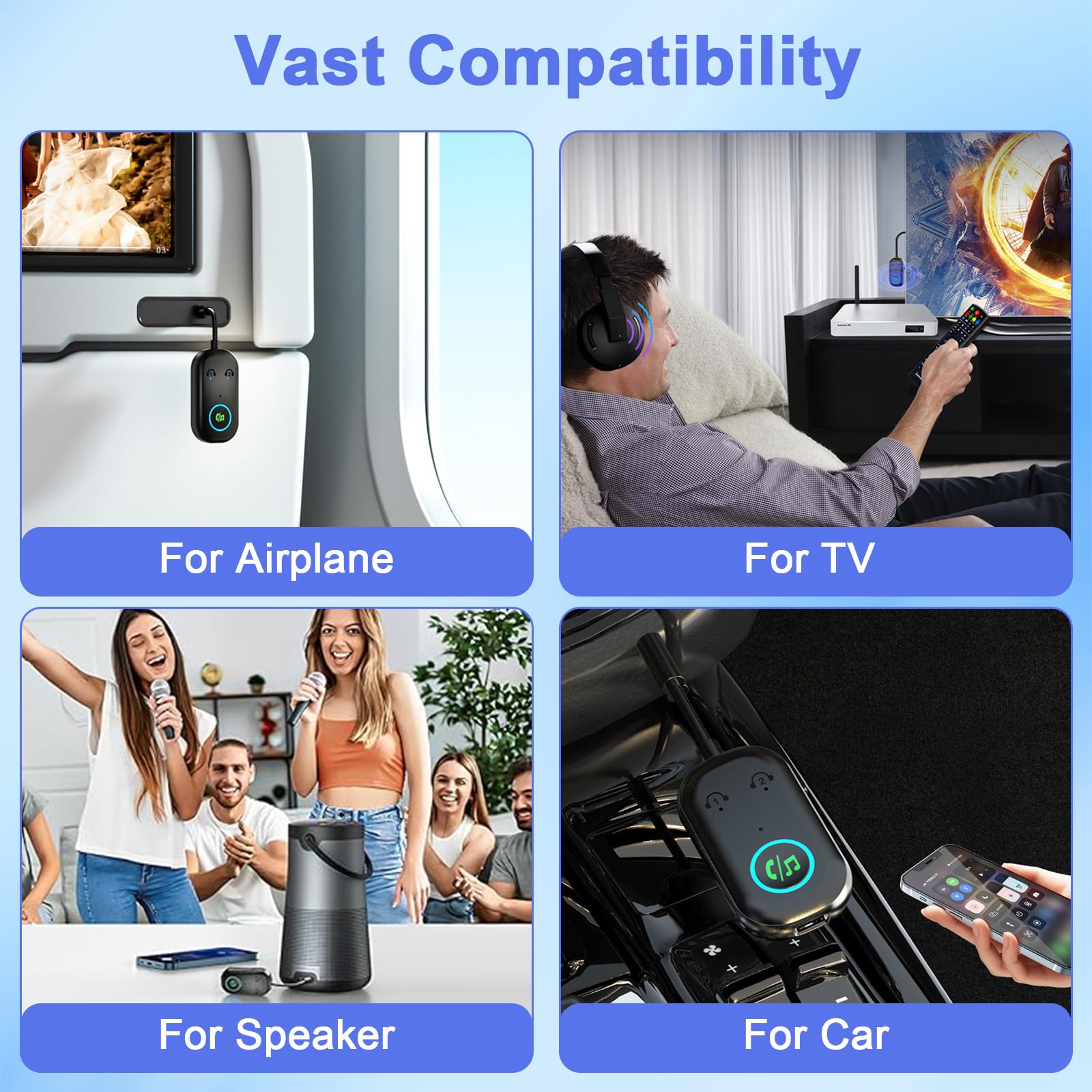 Trasmettitore Bluetooth 5.3, Adattatore Bluetooth 2-in-1, Adattatore Cuffie Aereo Supporta 2 Auricolare, 3.5 mm AUX Jack Trasmettitore per TV, Telefono Mobile, Car Audio Systems, Palestra