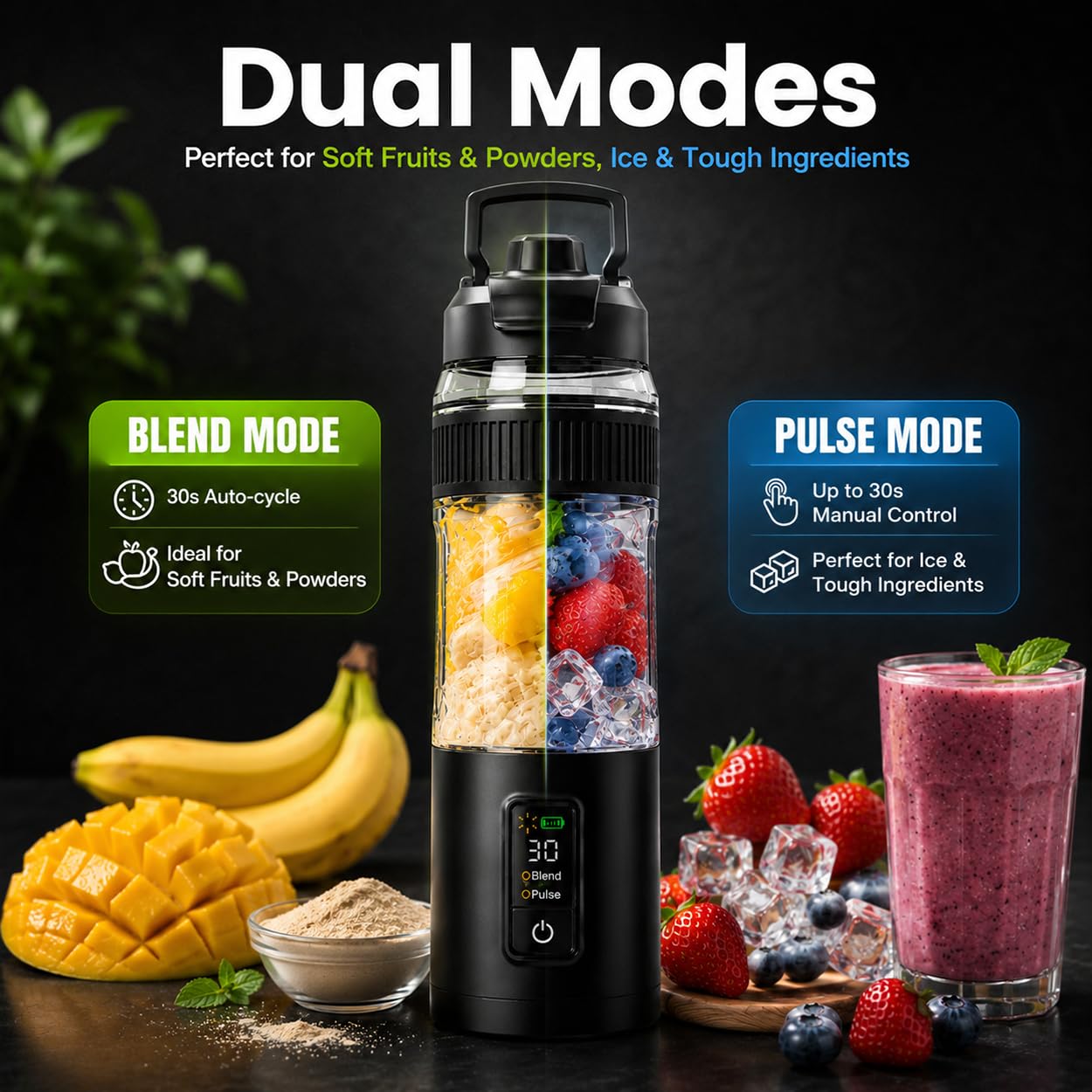 Blender Portable pour Smoothies Shakes Mini Mixeur 600ml | Individuel To Go avec Écran LED, Blender Sans Fil Puissant 220W, Rechargeable Type-C 12V pour Voyage Sport Bureau Noir