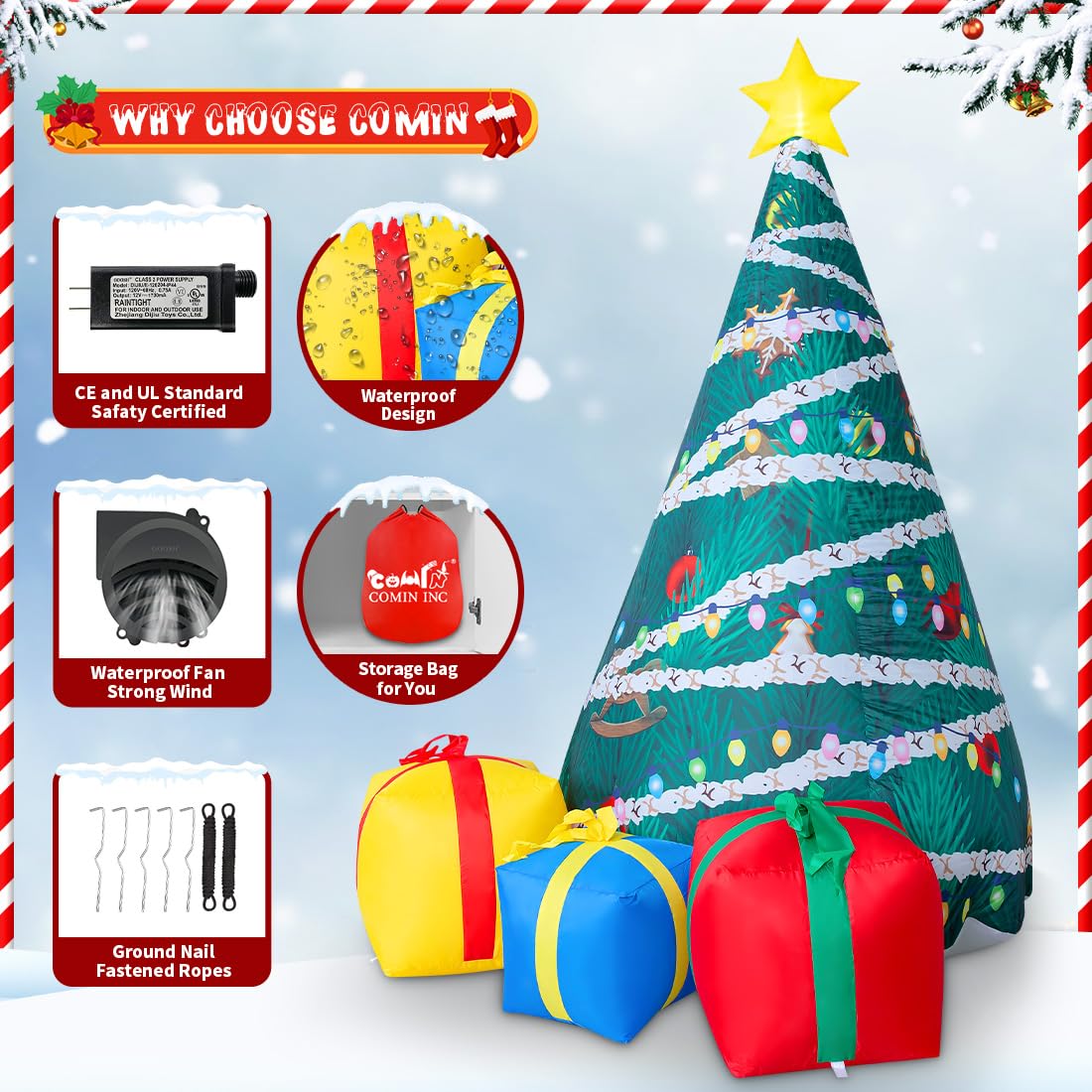 COMIN Bonhomme de neige gonflable de Noël avec une boîte, décoration de cour gonflable avec lumières LED intégrées pour les vacances, les fêtes, Noël, la cour, le jardin