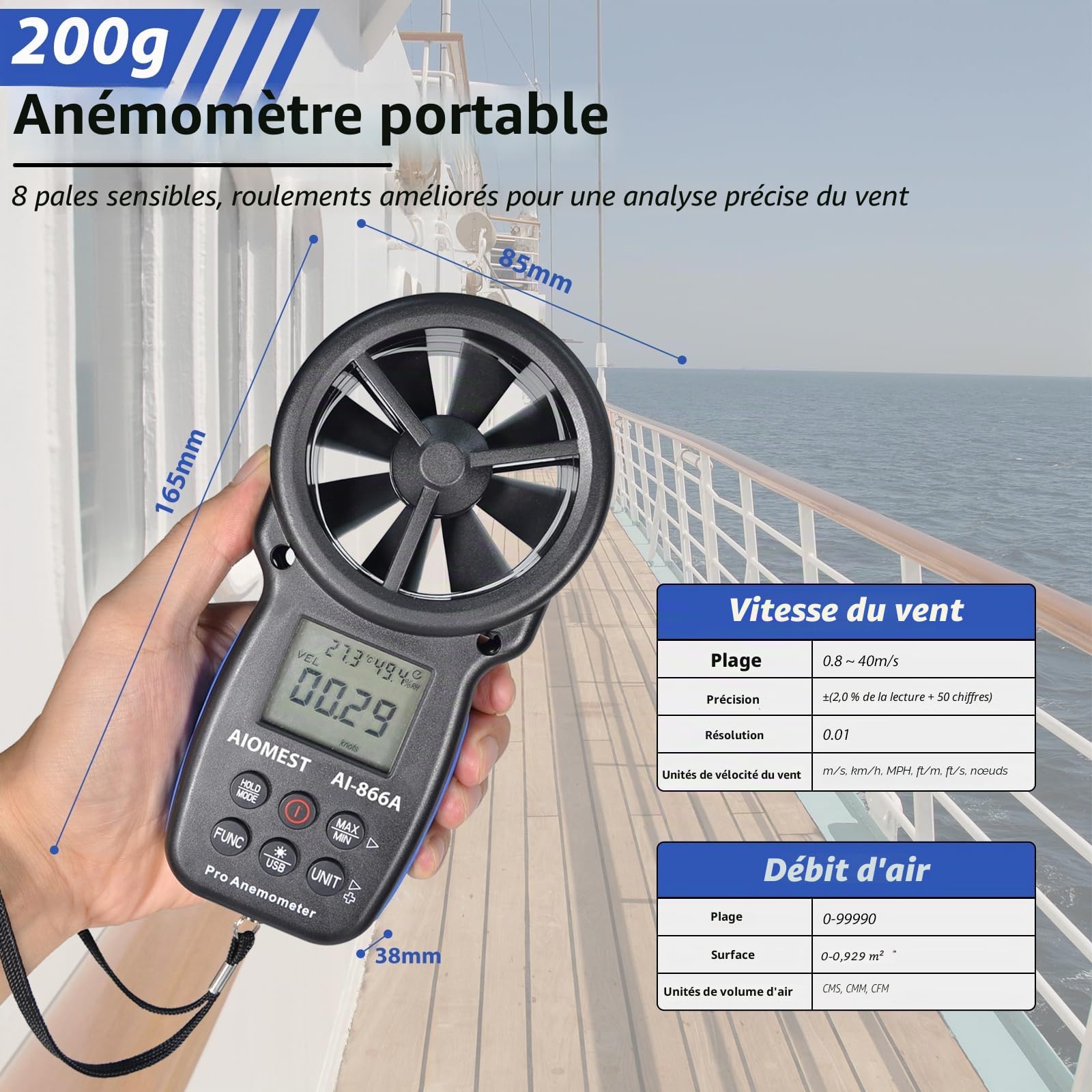 Anémomètre VMC m3/h Professionnel, AIOMEST Numérique Débitmètre d'Air AI-866A Mesurant la Vitesse, le Débit HVAC, Humidité, la Température pour Ventilation CVC, Extérieur Drones