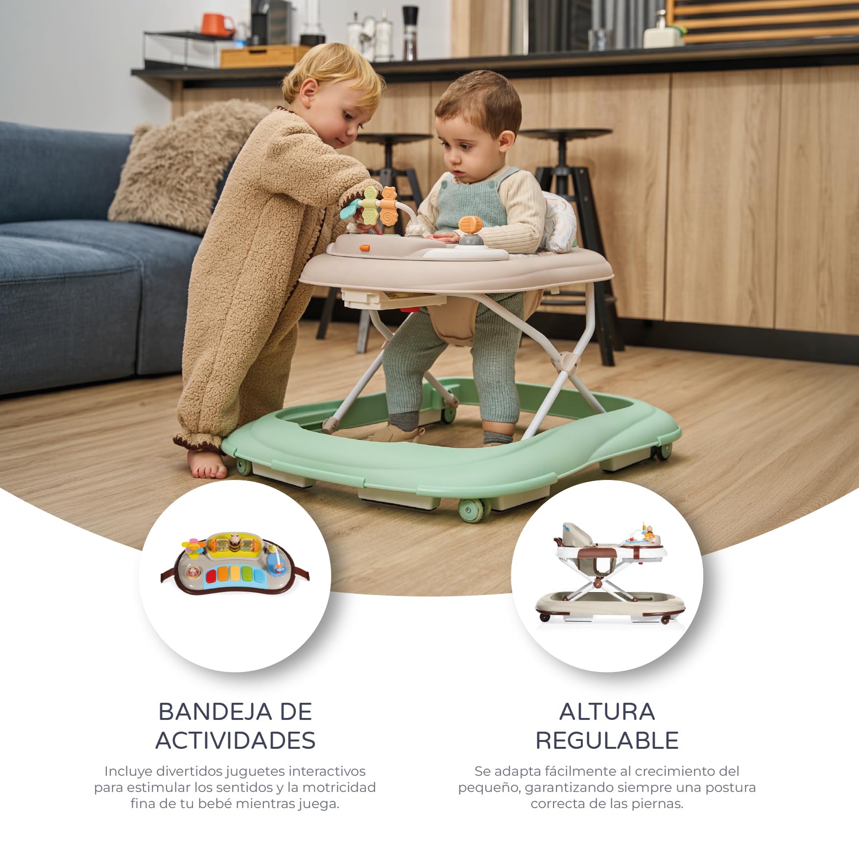 Ms - Andador Bebe con Base Antivuelco y Protector Marcos y puertas- Incluye Bandeja De Sonidos Y Juegos- Ruedas de silicona- Acabado en Mate