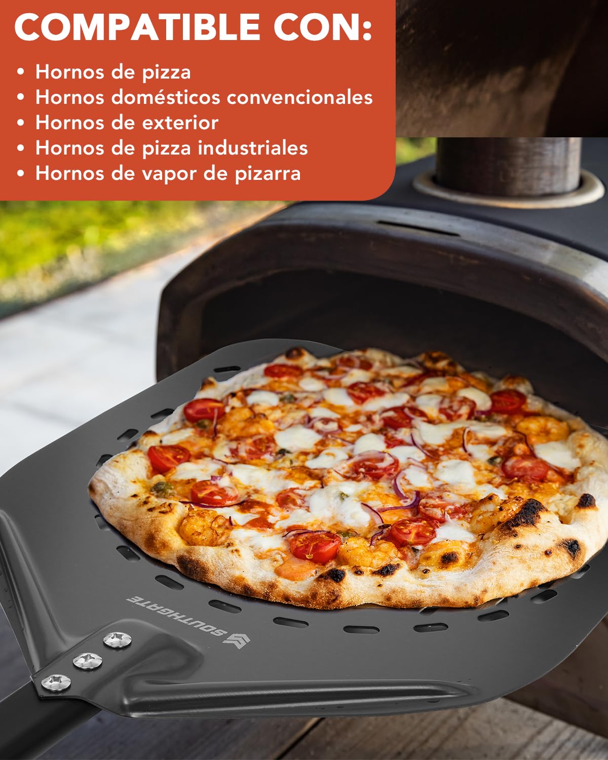 SOUTHGATE Pala para Pizza Horno Perforada, 30 x 36 x 74 cm, Pala Perforada de Aluminio Anodizado Duro para Deslizarse Fácilmente Sobre Piedra para Pizza, Empujador de Pizza con Mango de Silicona