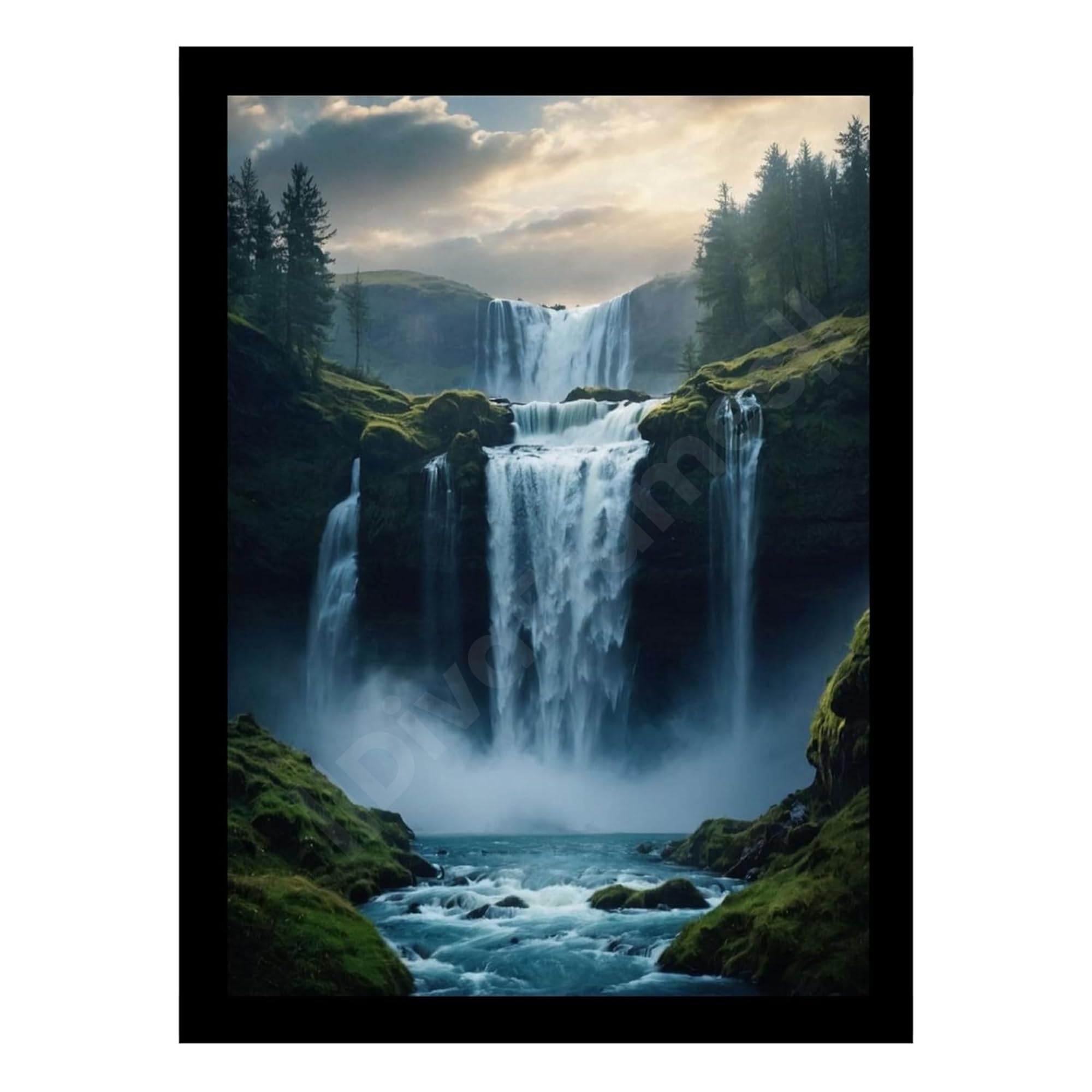 DivaFrames Waterfall Painting for Vastu – Black Wooden Frame Wall Art (10 x 14 Inches) | Ideal for Living Room Décor