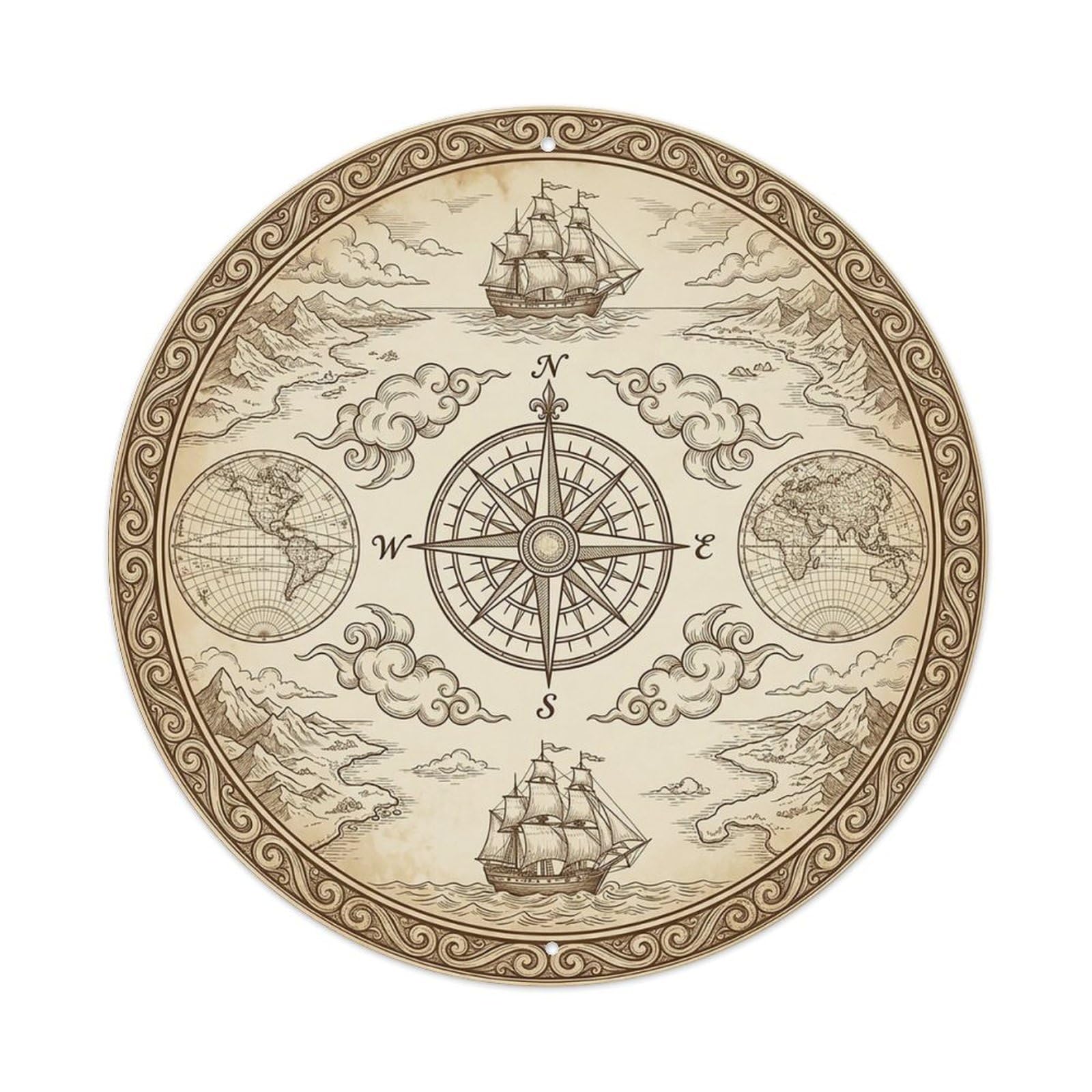 Vintage Nautical Compass World Map Nomad Spirit Metal Tin Sign