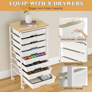 Rolling Storage Cart with 8 Drawers Wooden Tabletop, Art Craft Organizer Utility Cart with Lockable Wheels, for Living Room,Office,Classroom,Craft Room,Bedroom,Dorm White