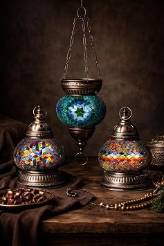 DEMMEX DIY Turkish Mosaic Lantern Kit Beginner-Friendly Tiffany Glass Craft Project for Adults & Teens, Brass Finish, Battery Operated, Convertible Tabletop or Hanging Lantern (Turquoise&Green)