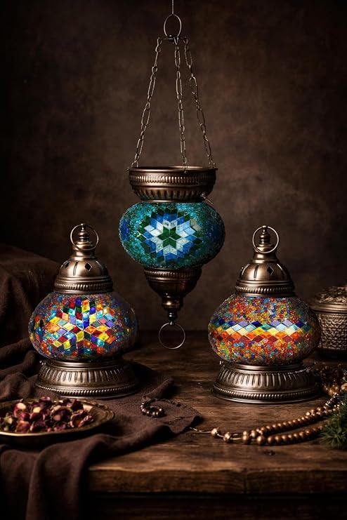 DEMMEX DIY Turkish Mosaic Lantern Kit Beginner-Friendly Tiffany Glass Craft Project for Adults & Teens, Brass Finish, Battery Operated, Convertible Tabletop or Hanging Lantern (Turquoise&Green)