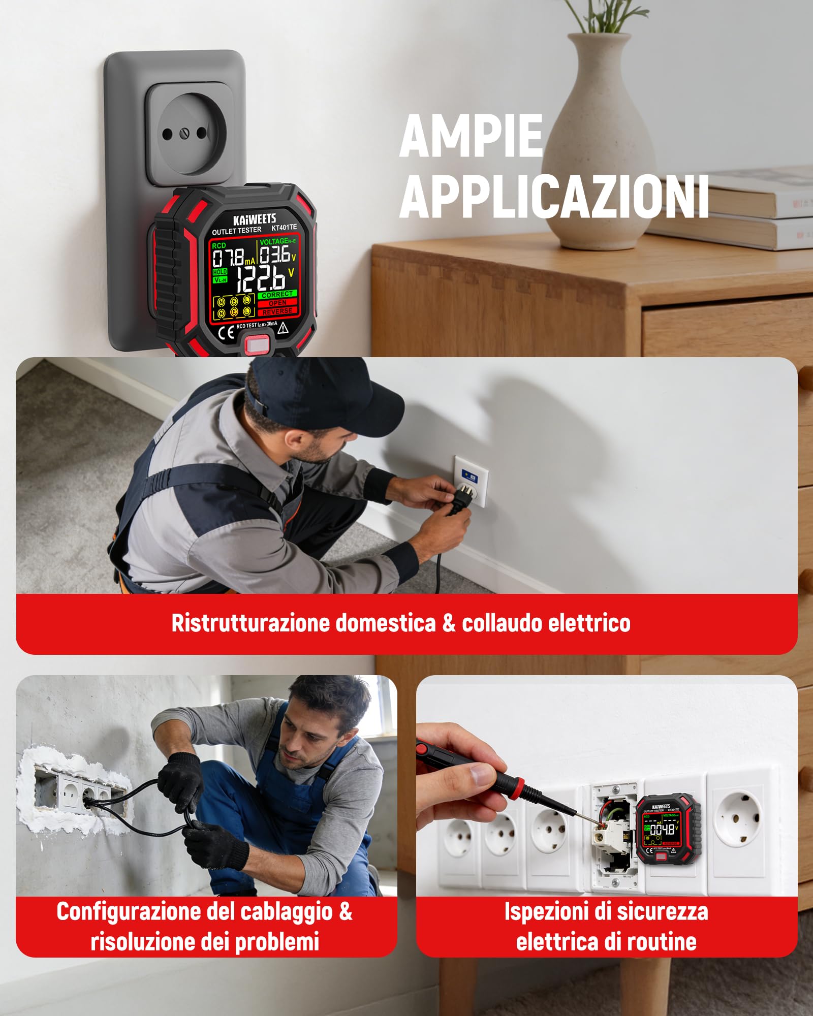 KAIWEETS Tester per prese con test RCD e display LCD della tensione, indicatore di tensione, 7 test di cablaggio, misurazione della tensione di dispersione, tester per prese 200-250 V, CAT II 300 V