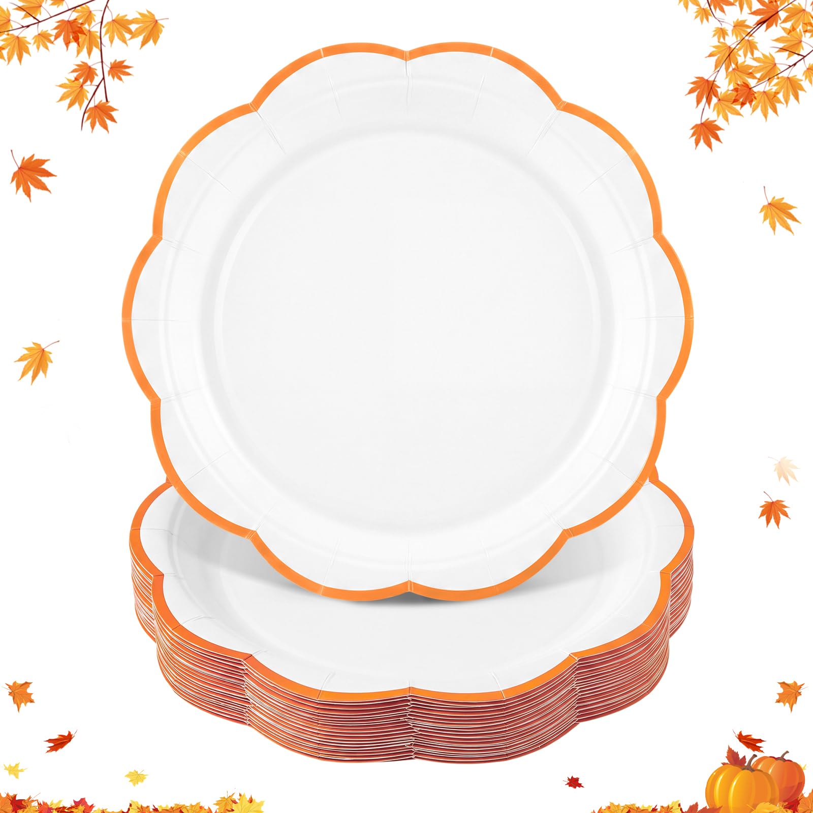 30 Pcs Orange and White Paper Plates, 7 In Scalloped Fall Plates Disposable