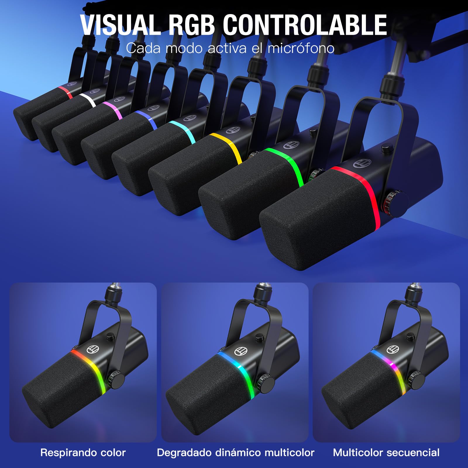 ZealSound Micrófono dinámico USB/XLR, Phone micrófono, Gaming micrófono para teléfono PC, micrófono con luz RGB, Silencio, Conector para Auriculares, Soporte, ASMR/Youtube/Podcast/Streaming/Gaming