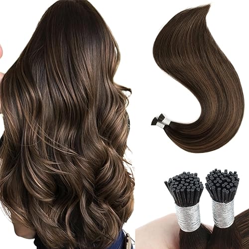 Miniatura 10 de Extensiones de cabello humano de queratina con punta en I de 14 pulgadas, color marrón chocolate, extensiones de cabello lacio y sedoso de fusión