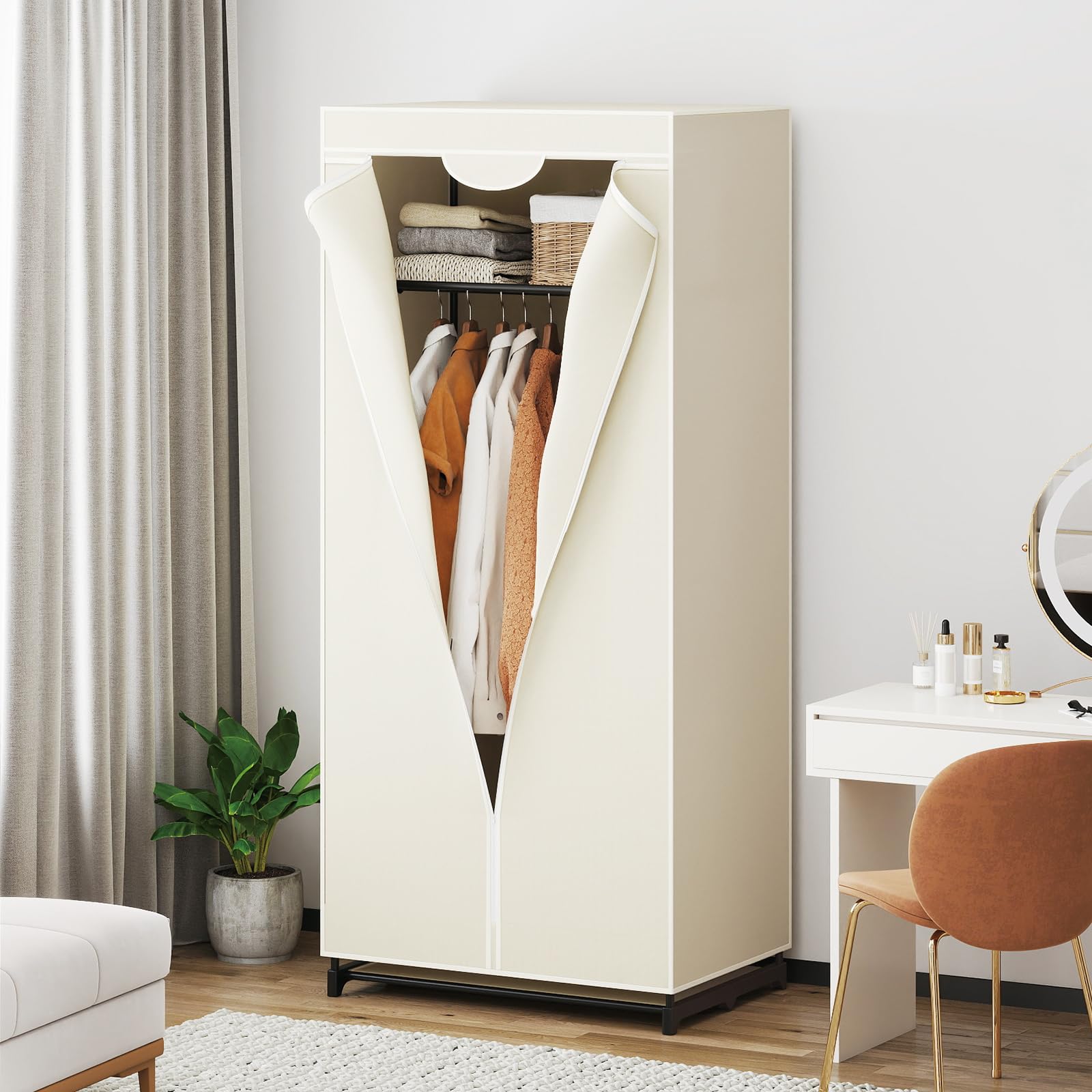 GOPLUS Armoire-penderie Multifonctionnelle, Armoire de Rangement avec Housse Amovible et Barres Transversales Renforcées, Étagères et Tige de Suspension Équipées, Charge Max 30KG (Modèle B,Beige)